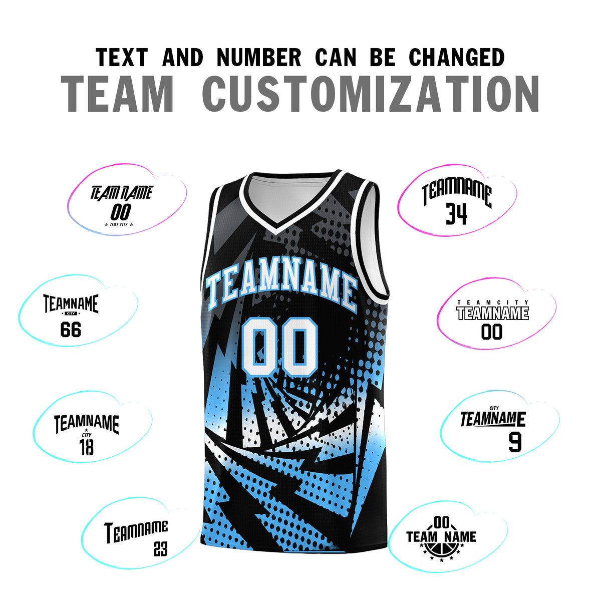 Custom Youth Basketball Jerseys Black Powder Blue Lightning Design Halftone Personalized Uniforms