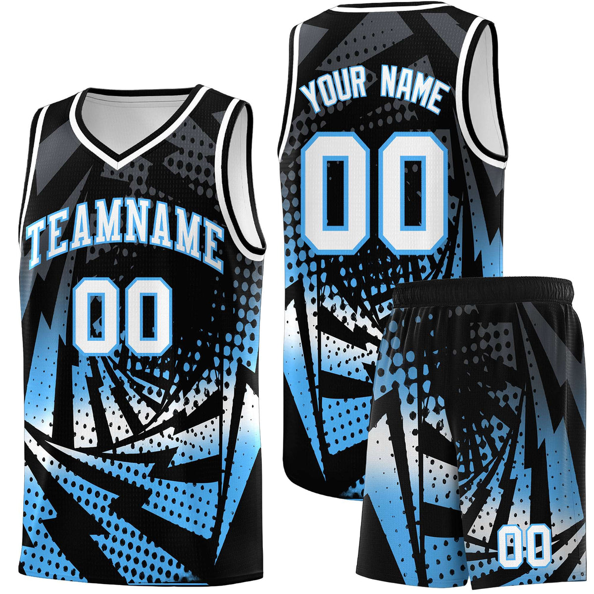 Custom Youth Basketball Jerseys Black Powder Blue Lightning Design Halftone Personalized Uniforms