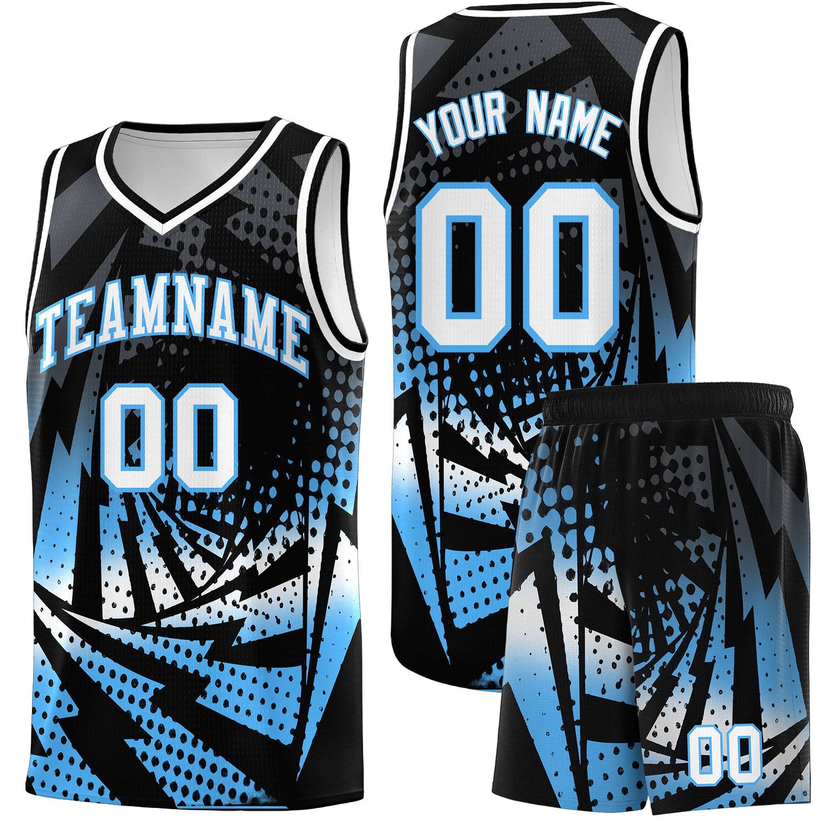 Custom Youth Basketball Jerseys Black Powder Blue Lightning Design Halftone Personalized Uniforms