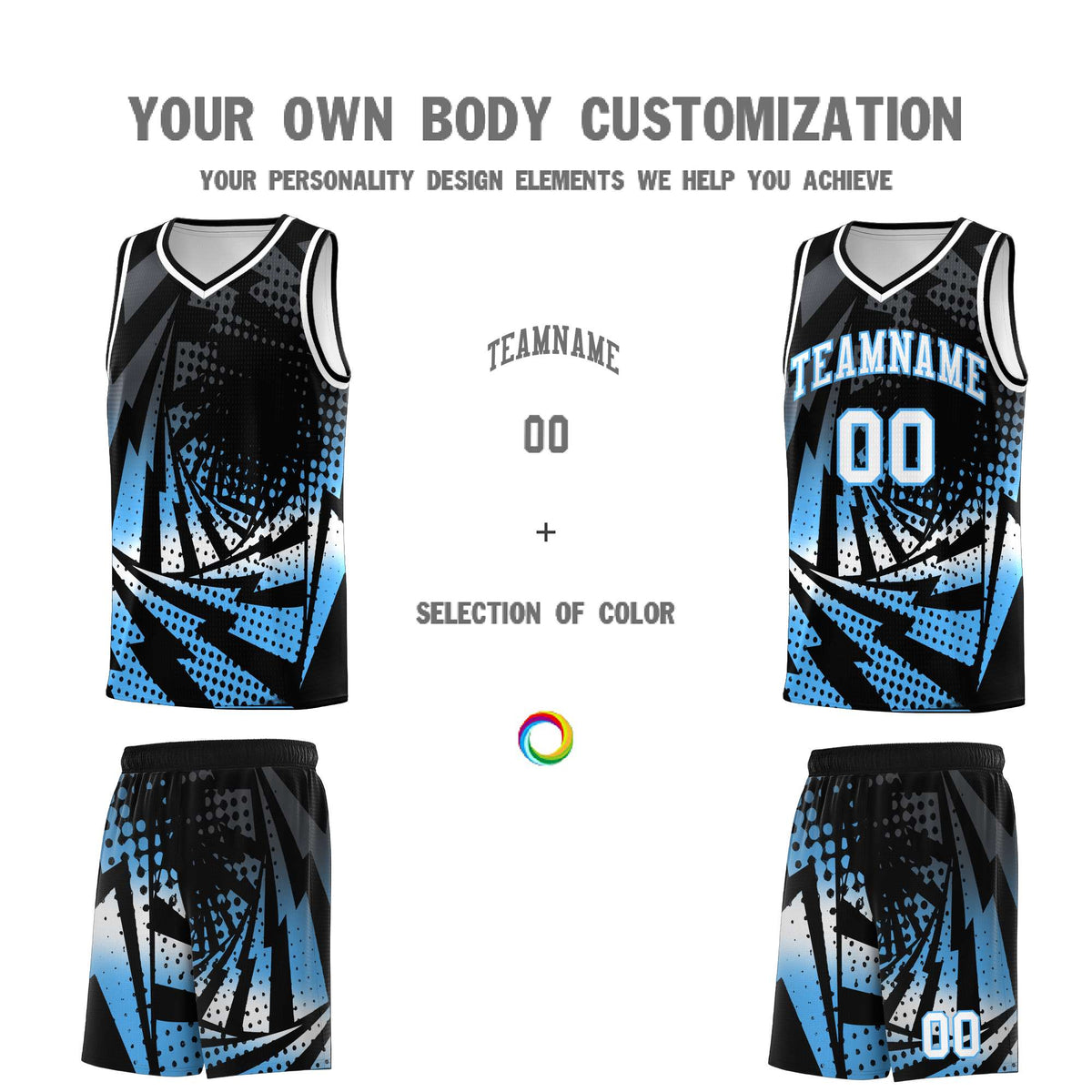 Custom Youth Basketball Jerseys Black Powder Blue Lightning Design Halftone Personalized Uniforms