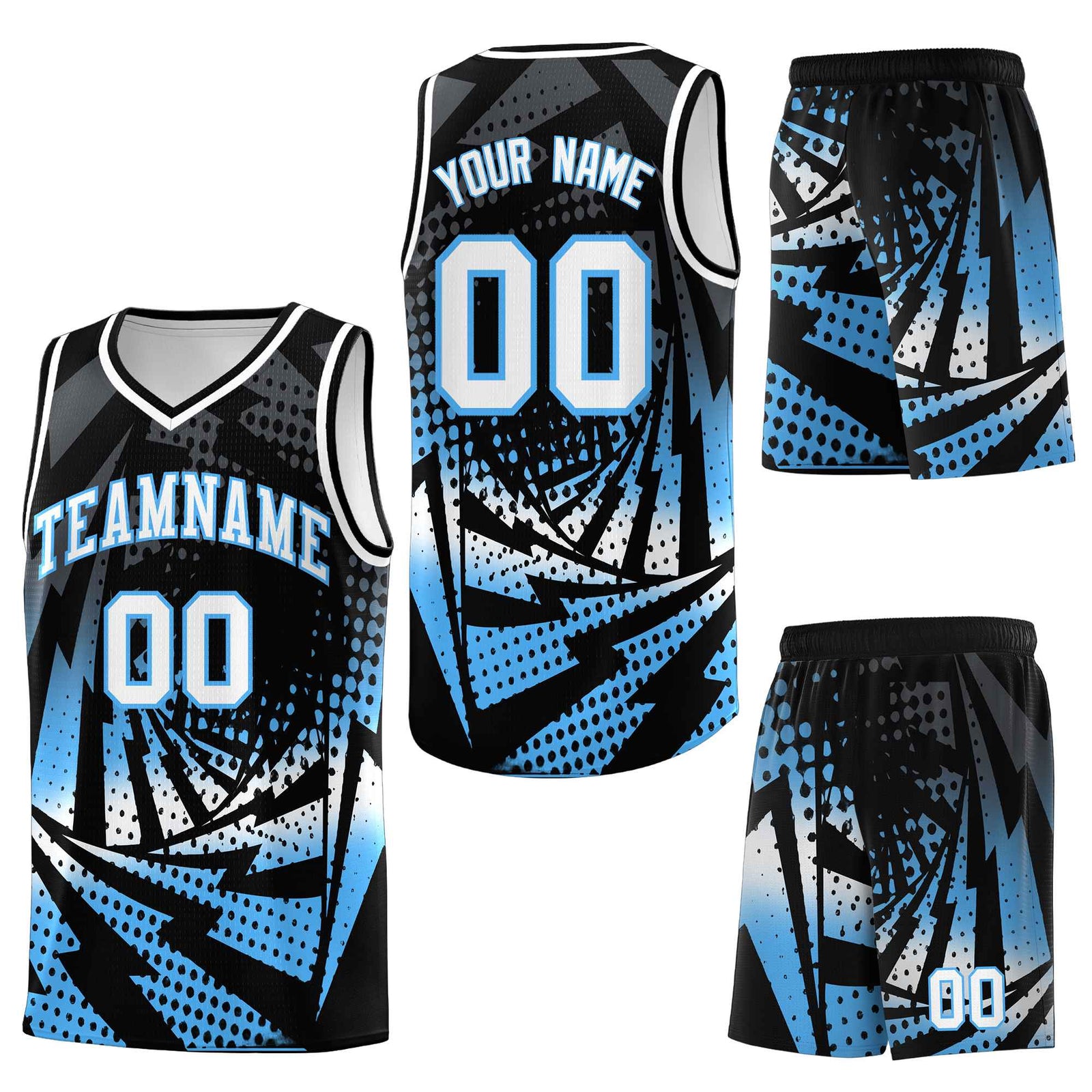 Custom Black Powder Blue Lightning Halftone Dot Design Breathable Uniform Basketball Jersey
