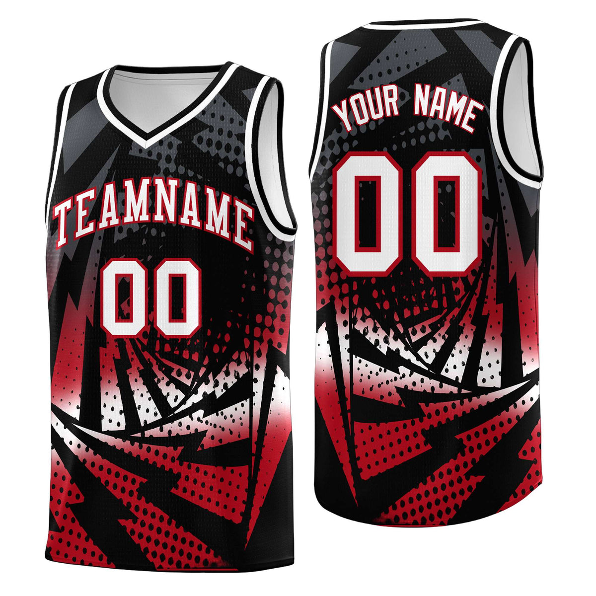 Custom Youth Basketball Jerseys Black Red Lightning Halftone Personalized Team Uniforms