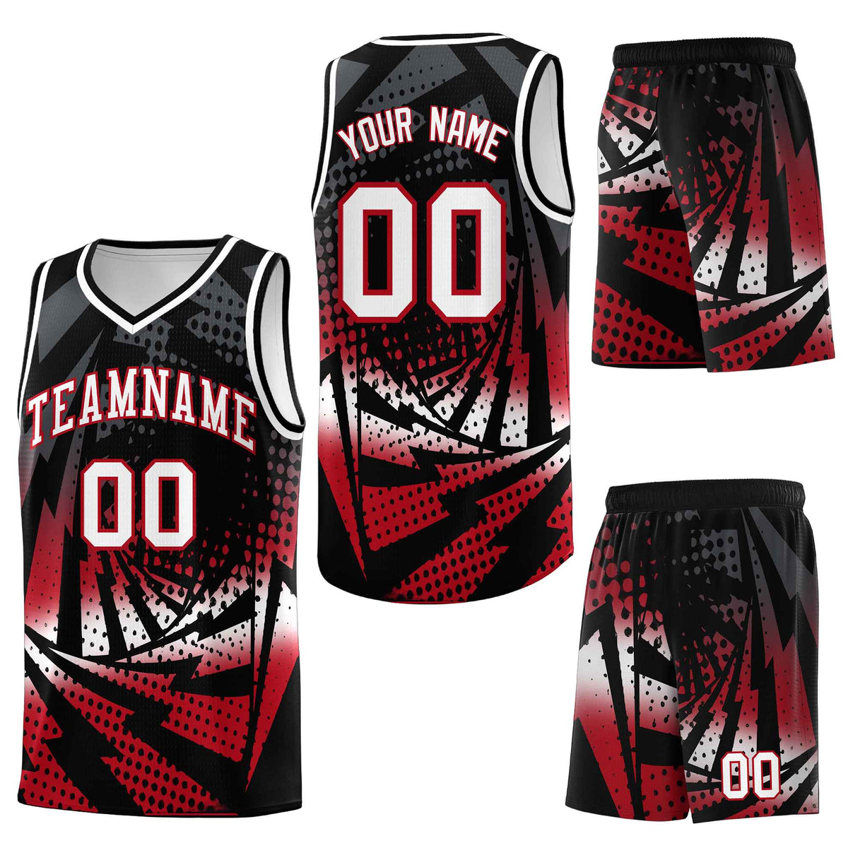 Custom Black Red Lightning Halftone Dot Design Quick-Drying Uniform Basketball Jersey