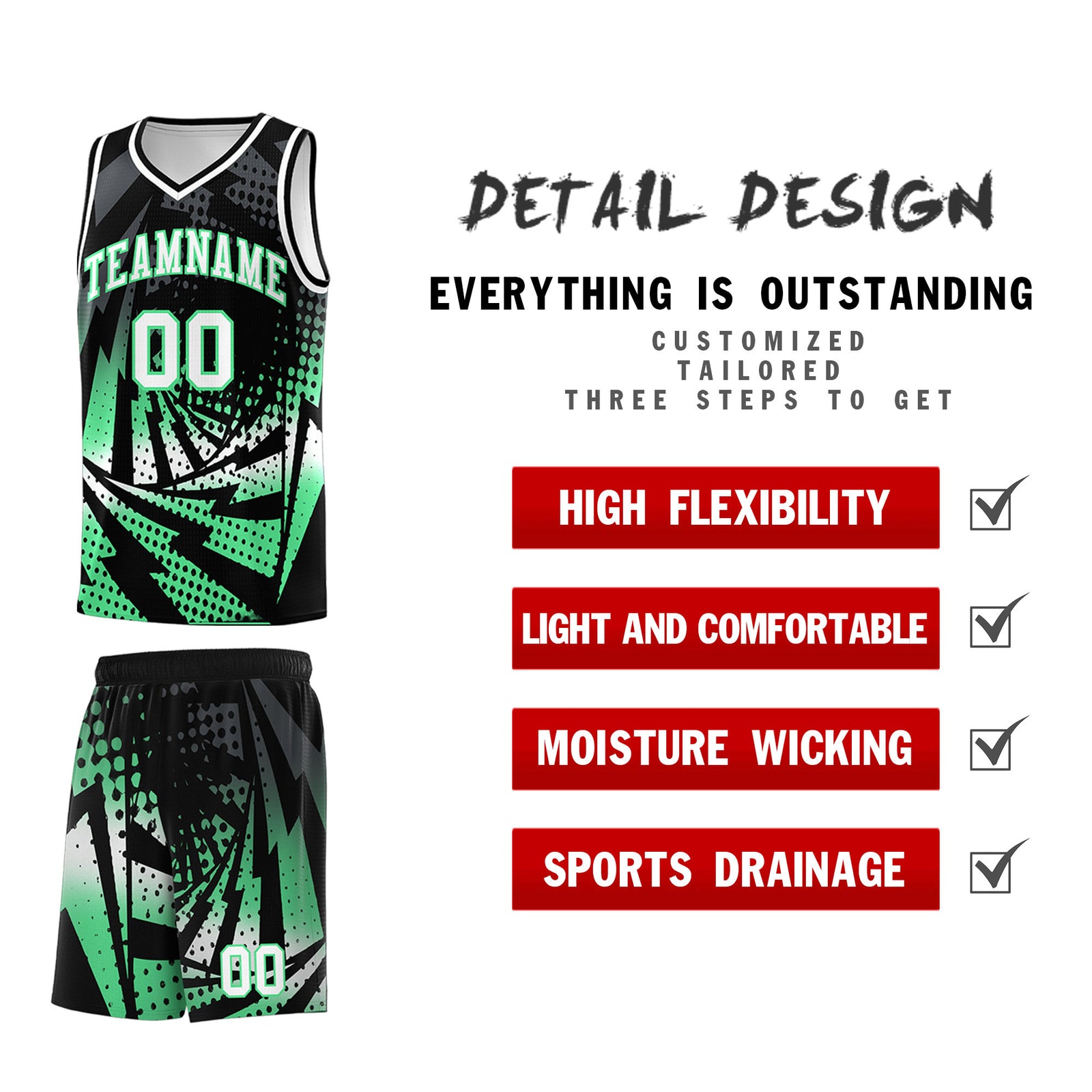 Custom Youth Basketball Jerseys Black Green Lightning Design Halftone Personalized Uniforms
