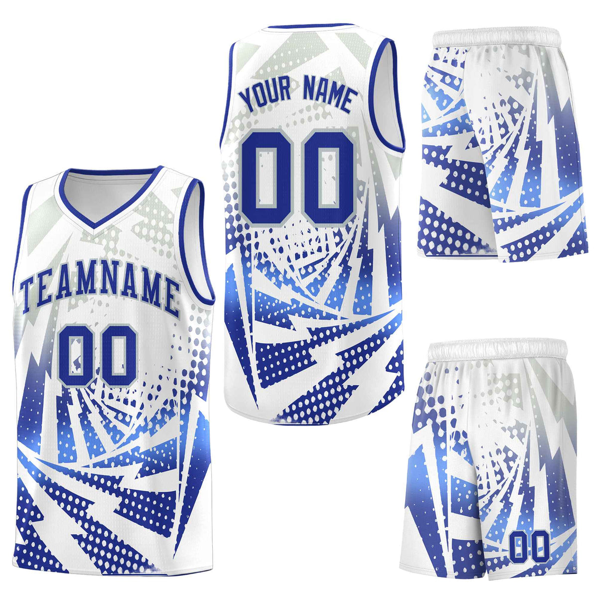 Custom White Royal Blue Lightning Halftone Dot Design Drapable Uniform Basketball Jersey