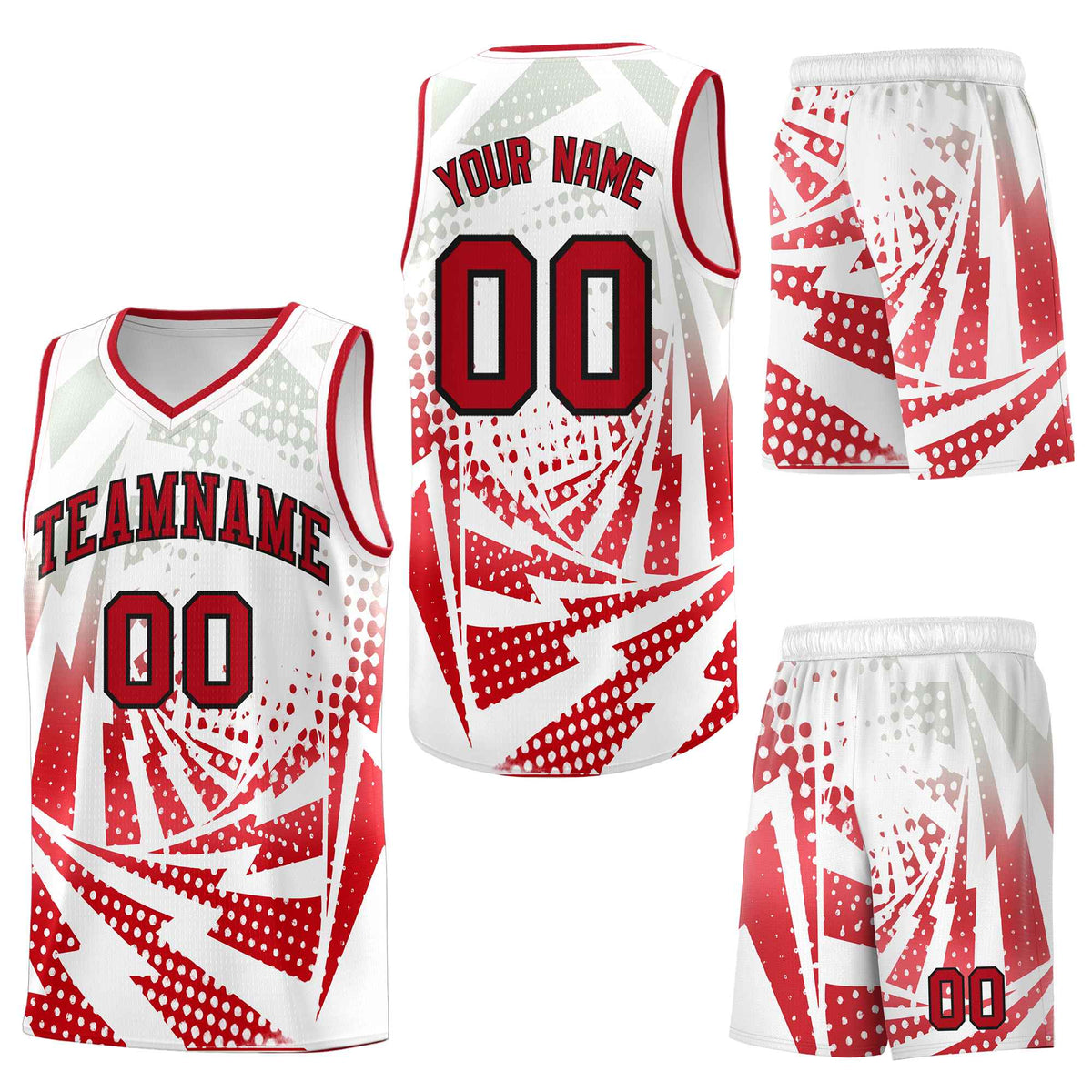 Custom White Red Lightning Halftone Dot Design Breathable Uniform Basketball Jersey