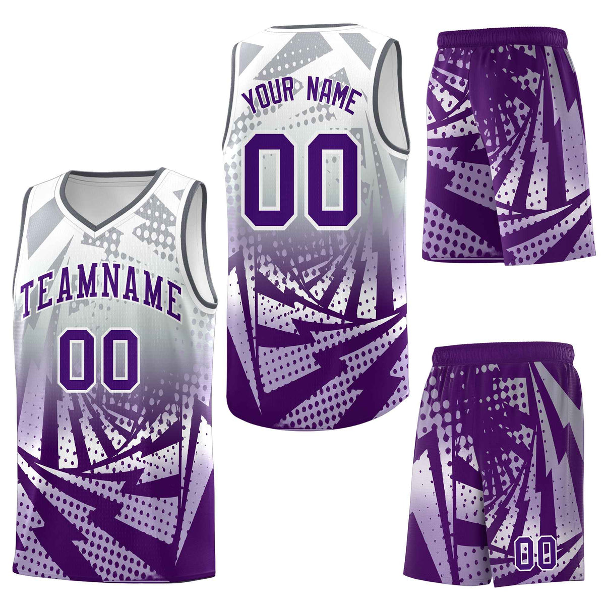 Custom Silver Gray Purple Lightning Halftone Dot Design Quick-Drying Uniform Basketball Jersey