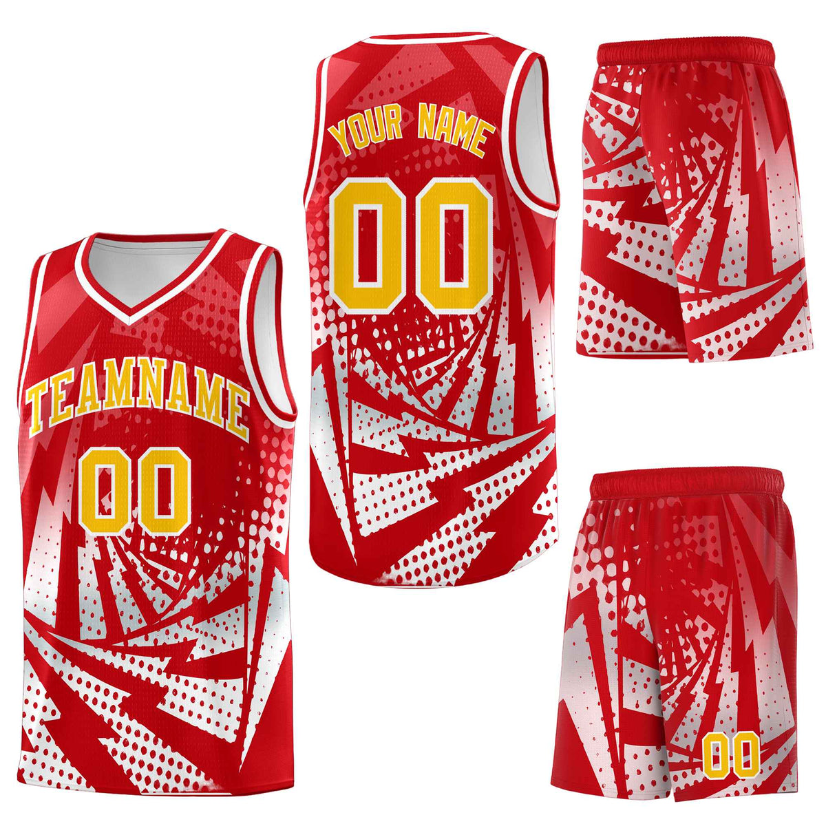 Custom Red White Lightning Halftone Dot Design Lightweight Uniform Basketball Jersey