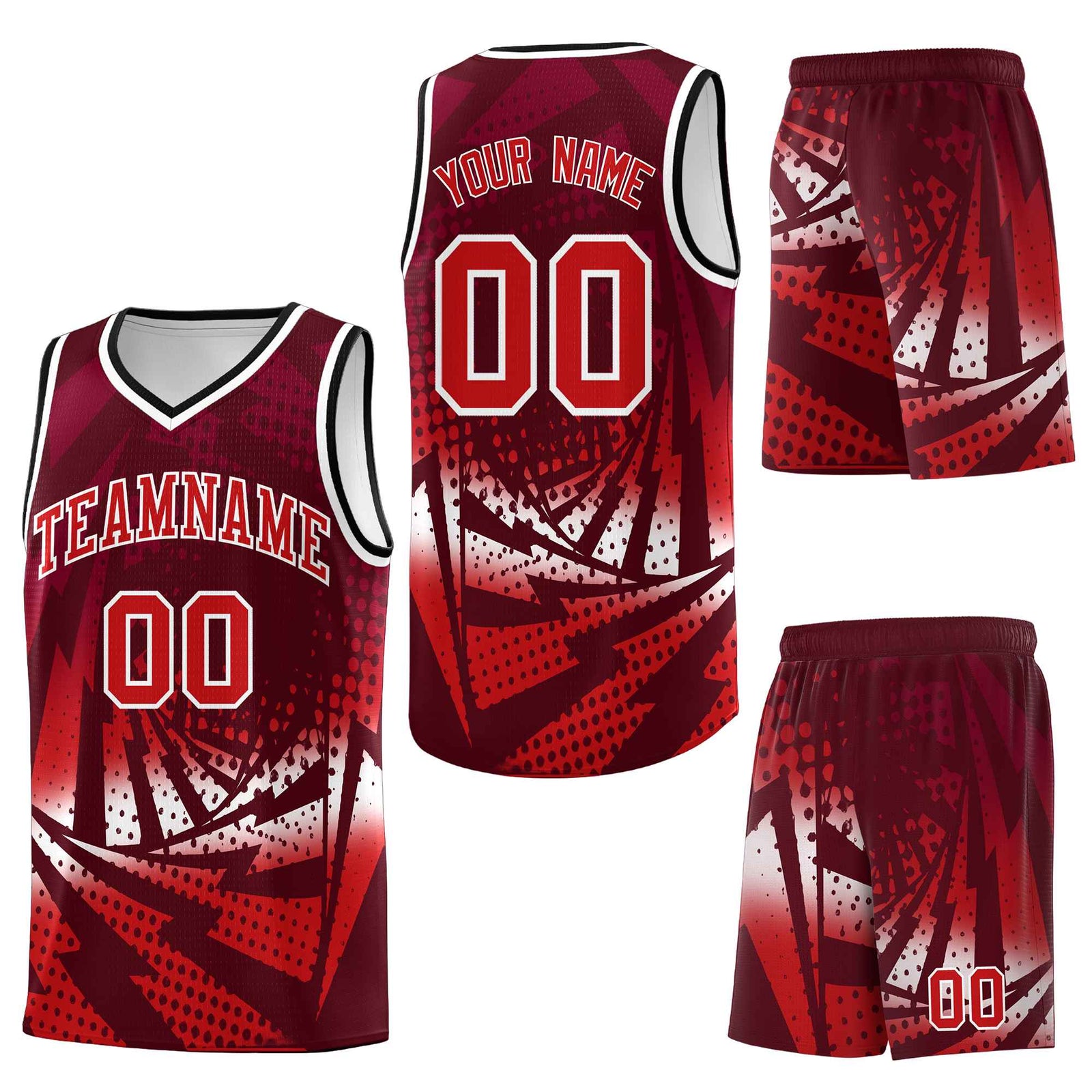 Custom Maroon Red Lightning Halftone Dot Design Drapable Uniform Basketball Jersey