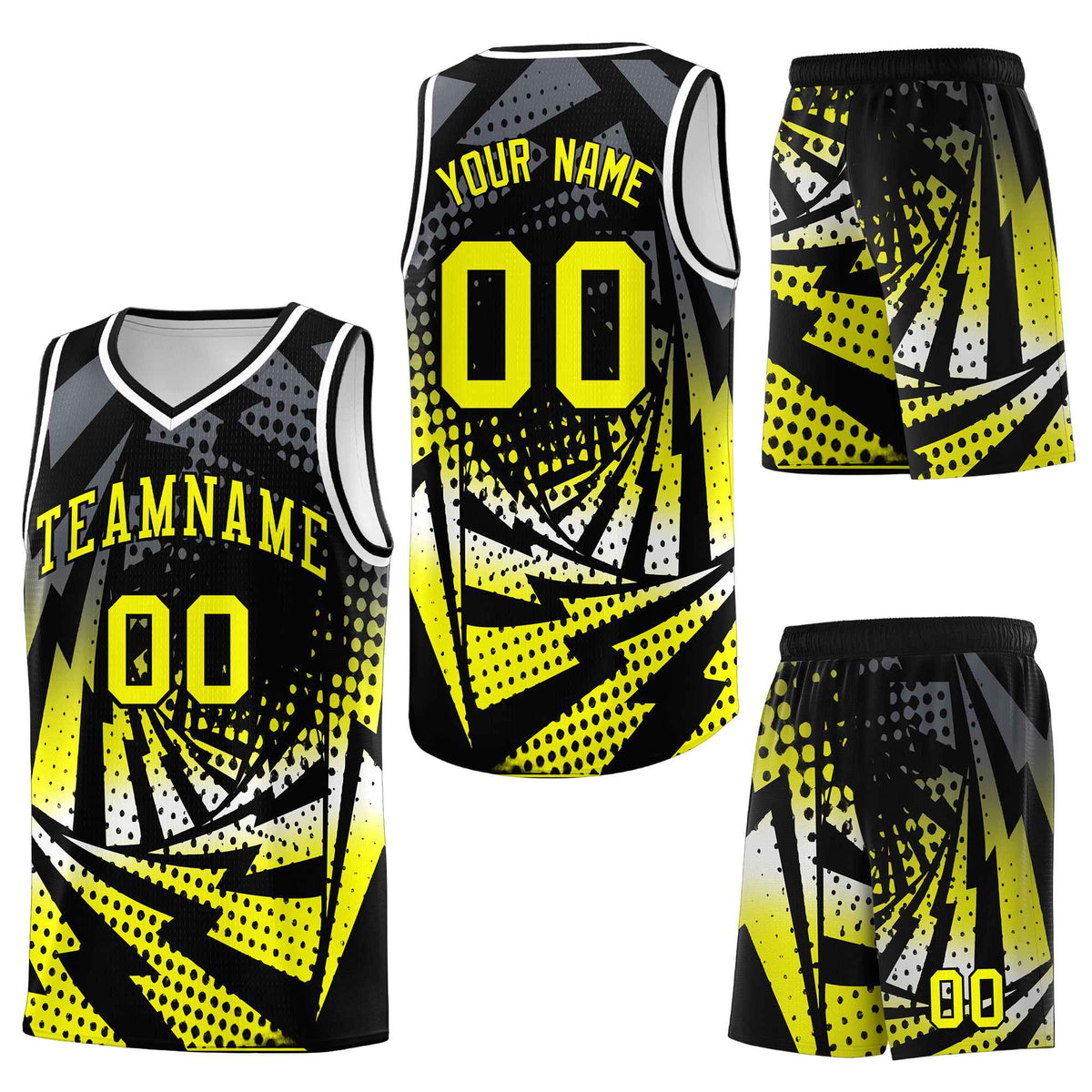 Custom Black Fluorescent Yellow Lightning Halftone Dot Design Breathable Uniform Basketball Jersey