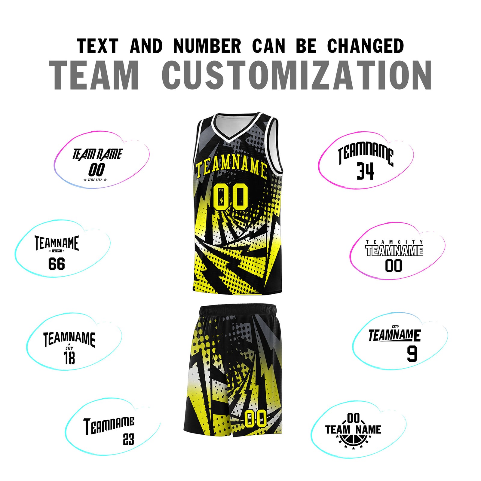 Custom Youth Basketball Jerseys Black Fluorescent Yellow Lightning Design Halftone Personalized Uniforms
