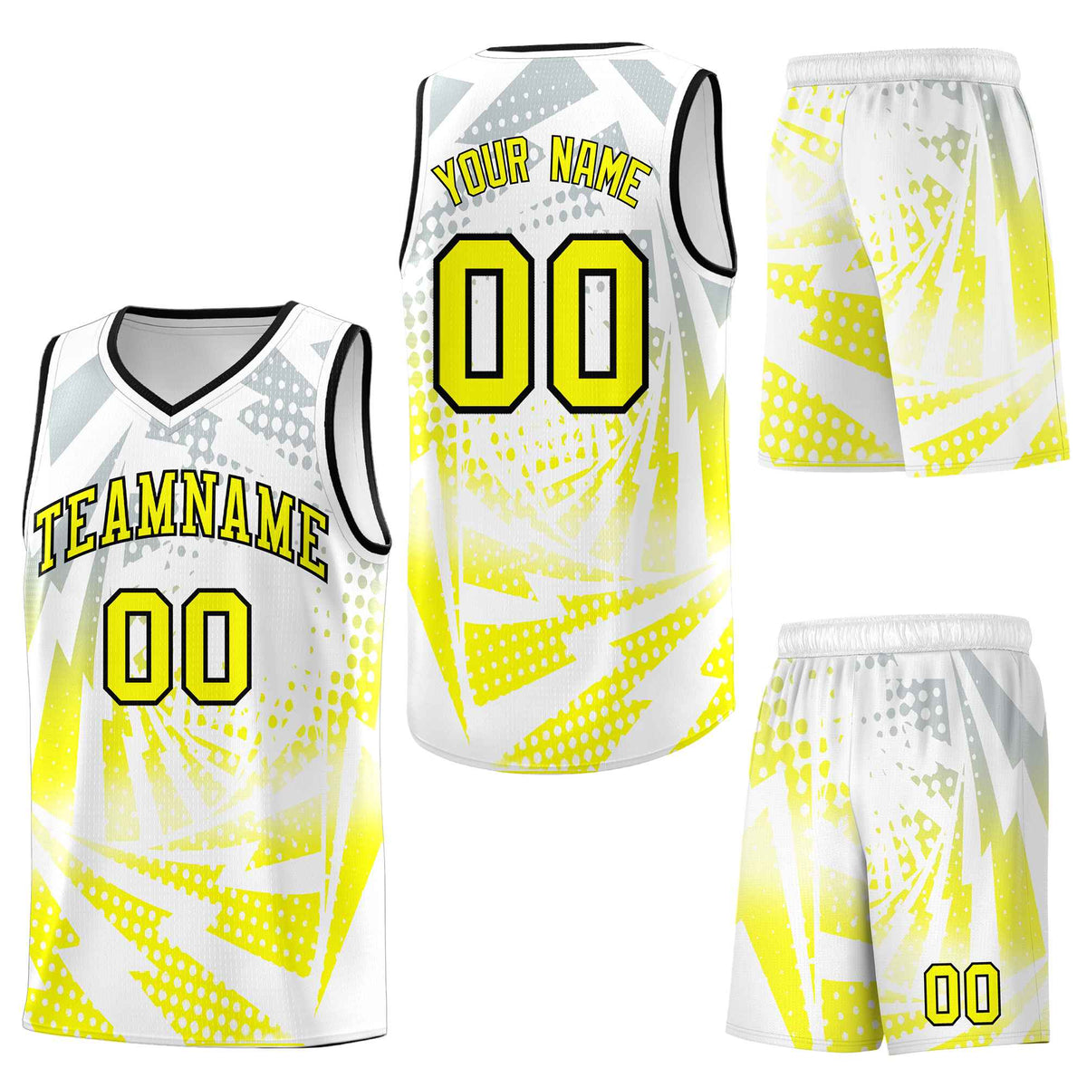 Custom White Fluorescent Yellow Lightning Halftone Dot Design Quick-Drying Uniform Basketball Jersey