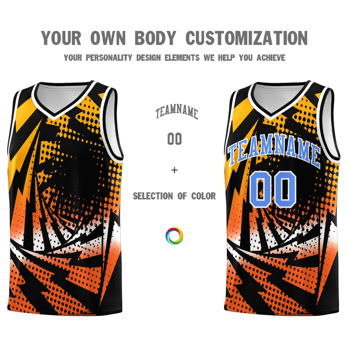 Custom Youth Basketball Jerseys Black Orange Lightning Design Halftone Personalized Uniforms