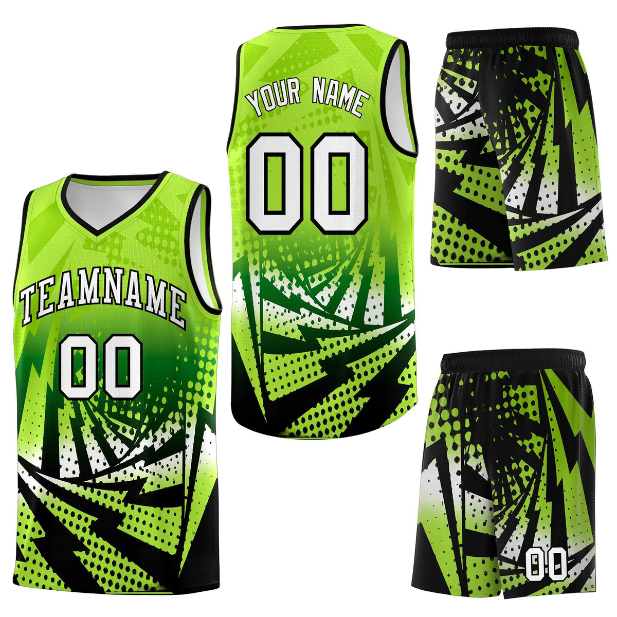 Custom Neon Green Black Lightning Halftone Dot Design Lightweight Uniform Basketball Jersey
