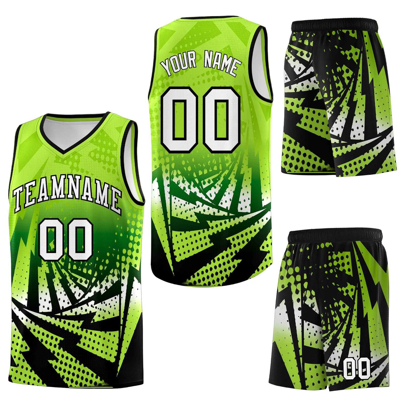 Custom Neon Green Black Lightning Halftone Dot Design Lightweight Uniform Basketball Jersey