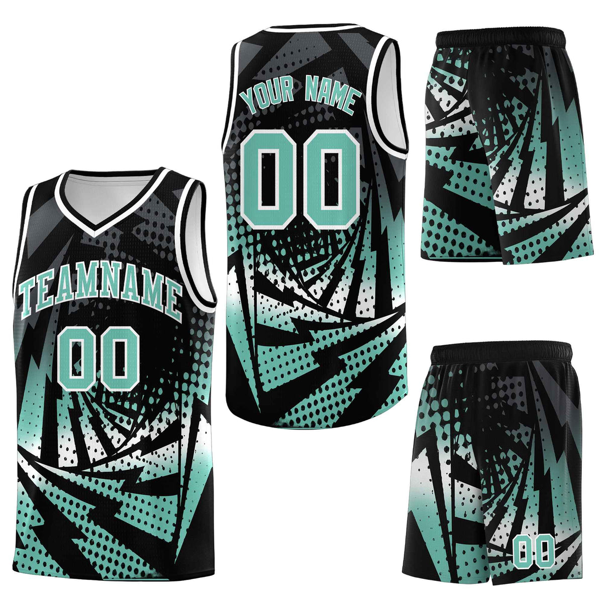 Custom Black Bright Green Lightning Halftone Dot Design Quick-Drying Uniform Basketball Jersey