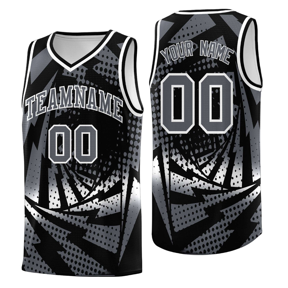 Custom Youth Basketball Jerseys Black Dark Gray Lightning Design Halftone Personalized Uniforms