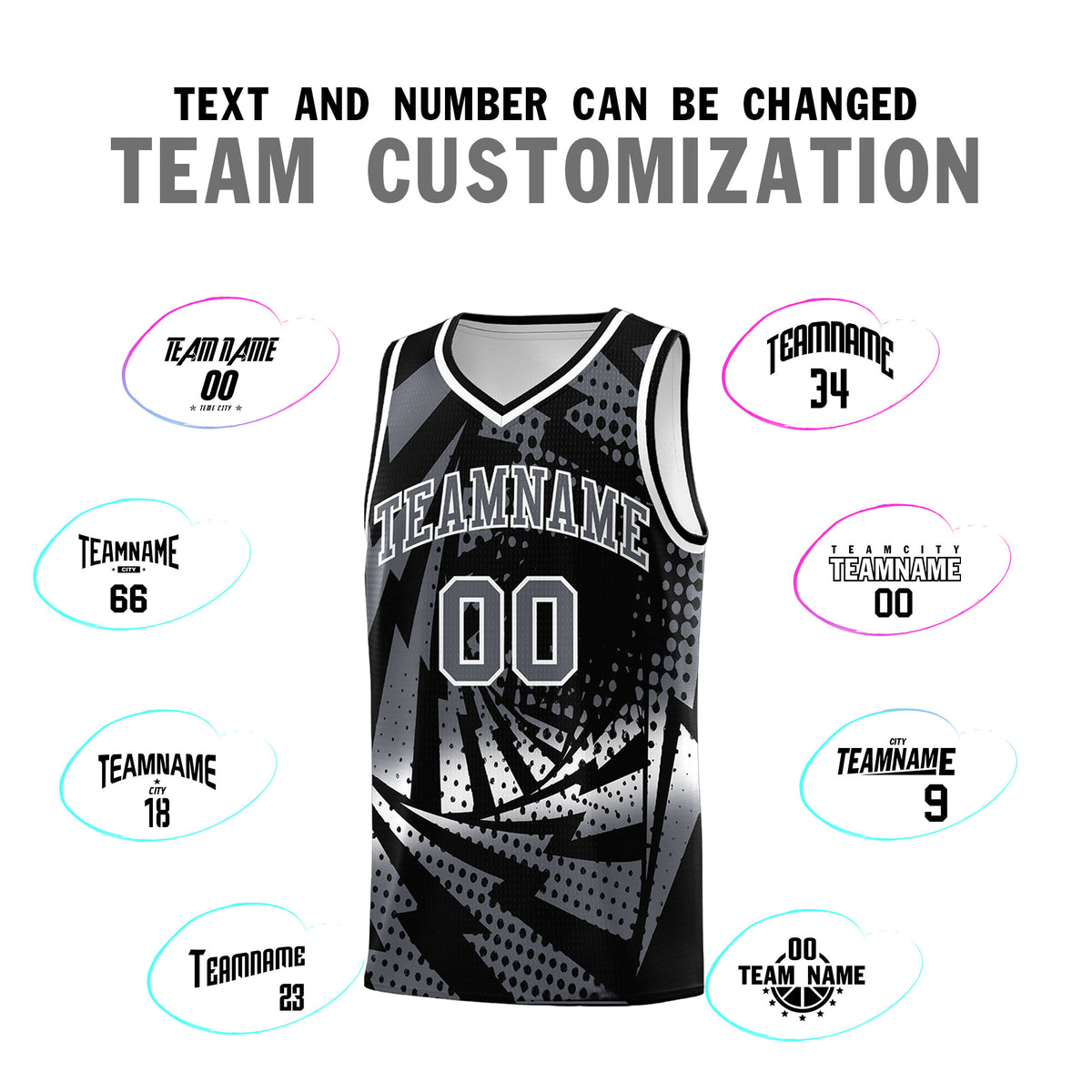 Custom Youth Basketball Jerseys Black Dark Gray Lightning Design Halftone Personalized Uniforms