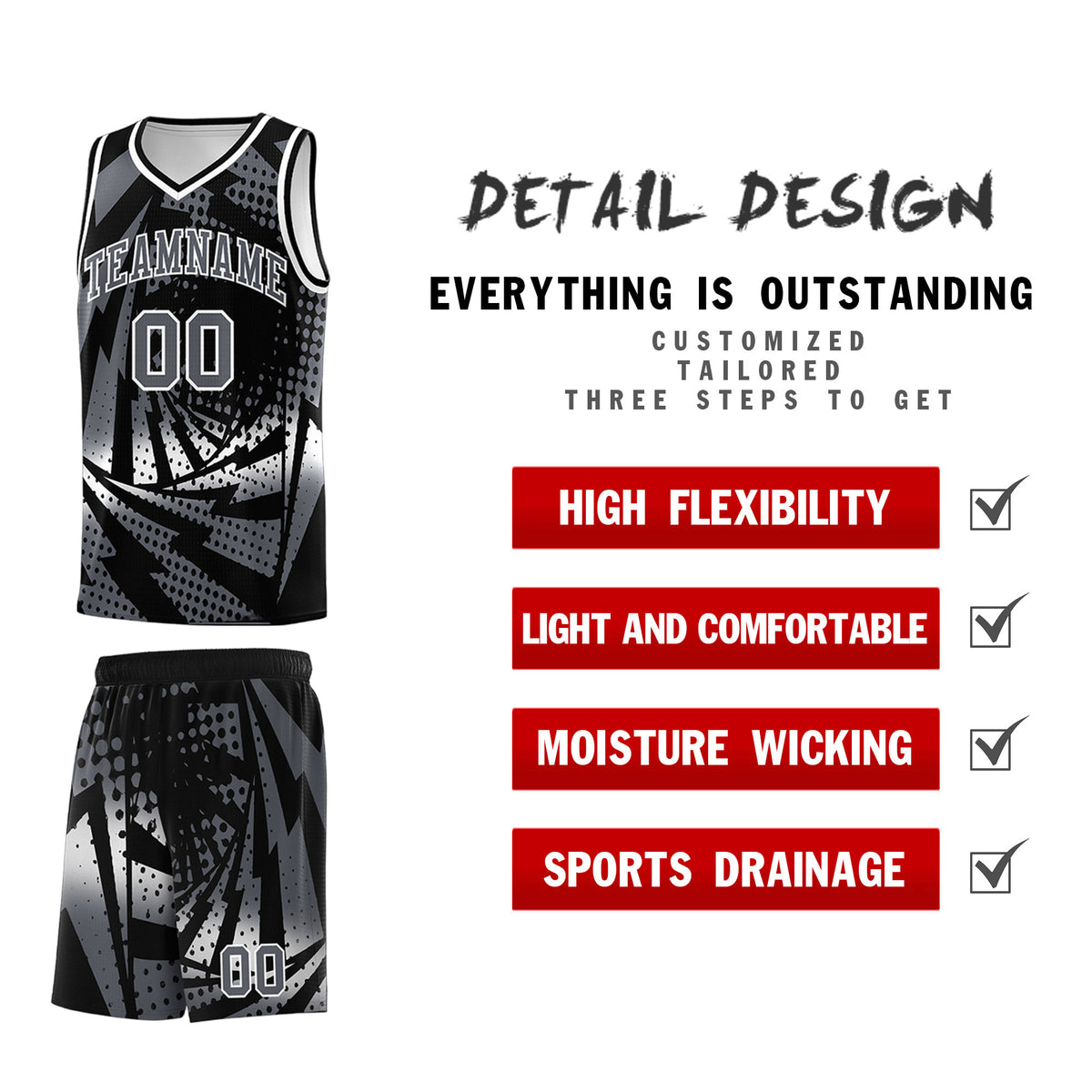 Custom Youth Basketball Jerseys Black Dark Gray Lightning Design Halftone Personalized Uniforms