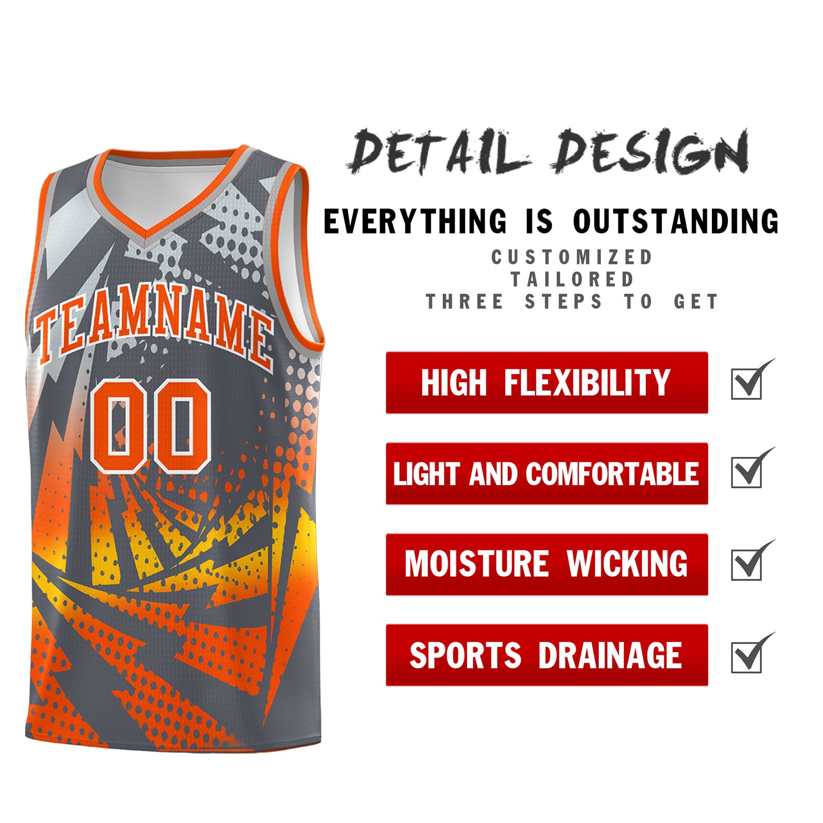 Custom Youth Basketball Jerseys Dark Gray Orange Lightning Design Halftone Personalized Uniforms