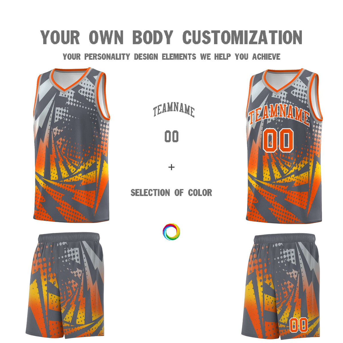 Custom Youth Basketball Jerseys Dark Gray Orange Lightning Design Halftone Personalized Uniforms