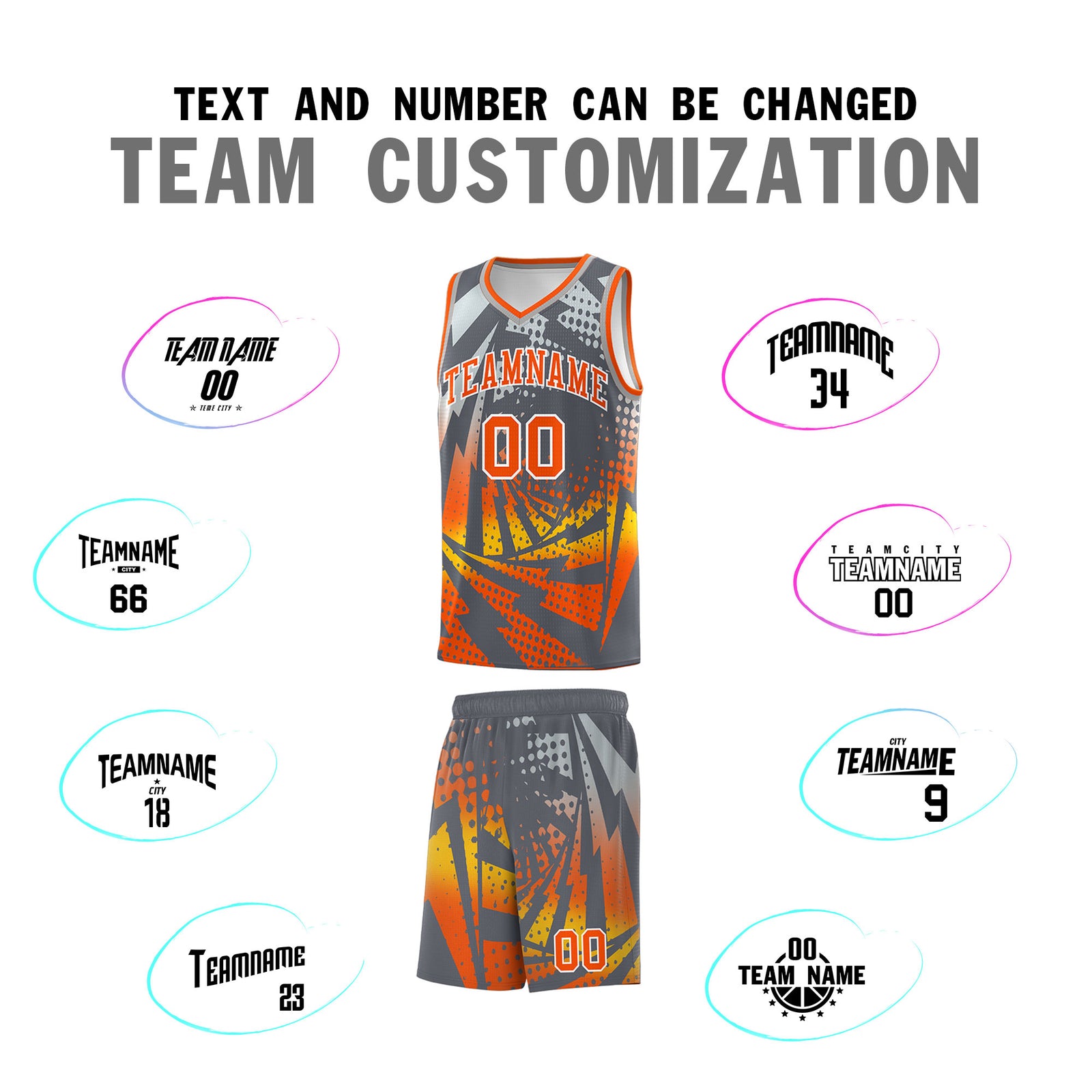 Custom Youth Basketball Jerseys Dark Gray Orange Lightning Design Halftone Personalized Uniforms