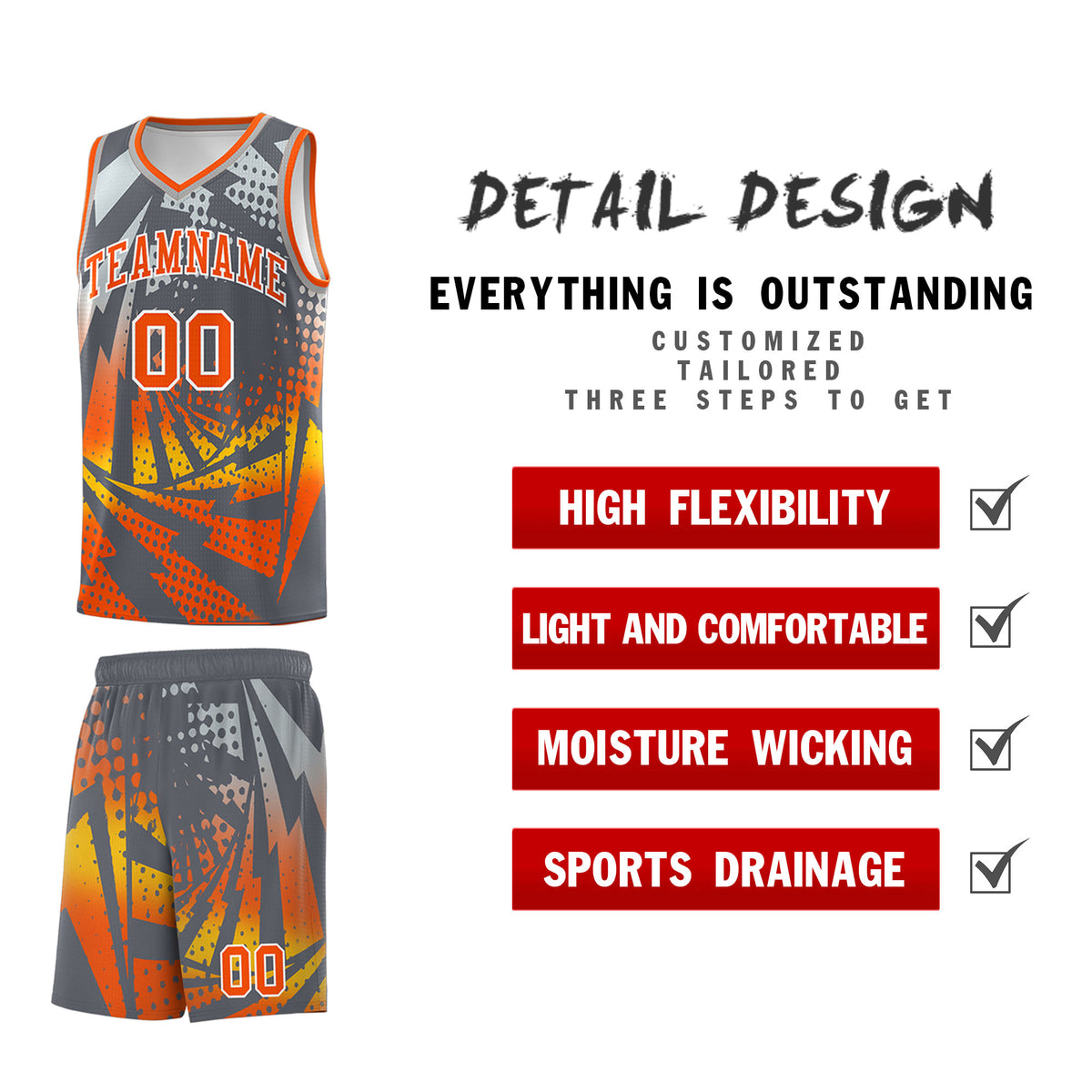 Custom Youth Basketball Jerseys Dark Gray Orange Lightning Design Halftone Personalized Uniforms