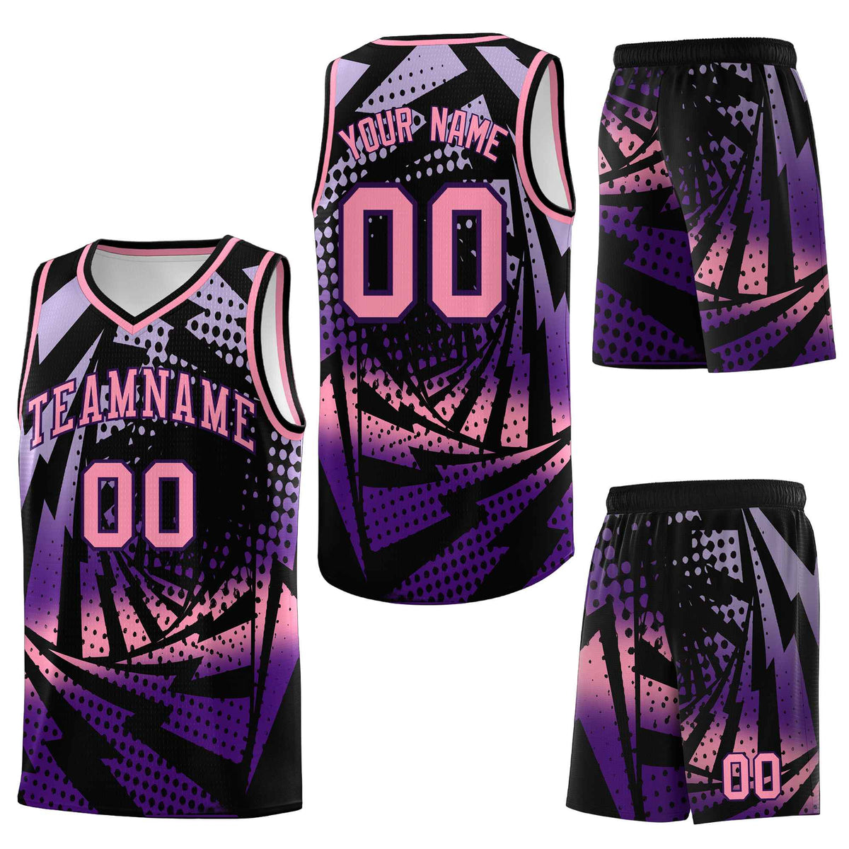 Custom Black Purple Lightning Halftone Dot Design Lightweight Uniform Basketball Jersey