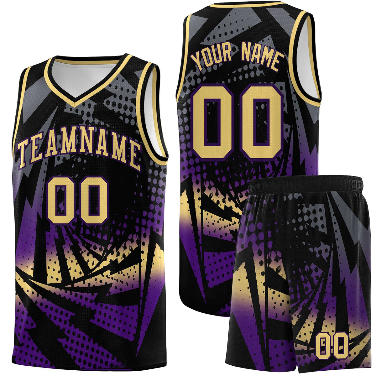 Custom Youth Basketball Jerseys Black Purple Lightning Design Halftone Personalized Uniforms