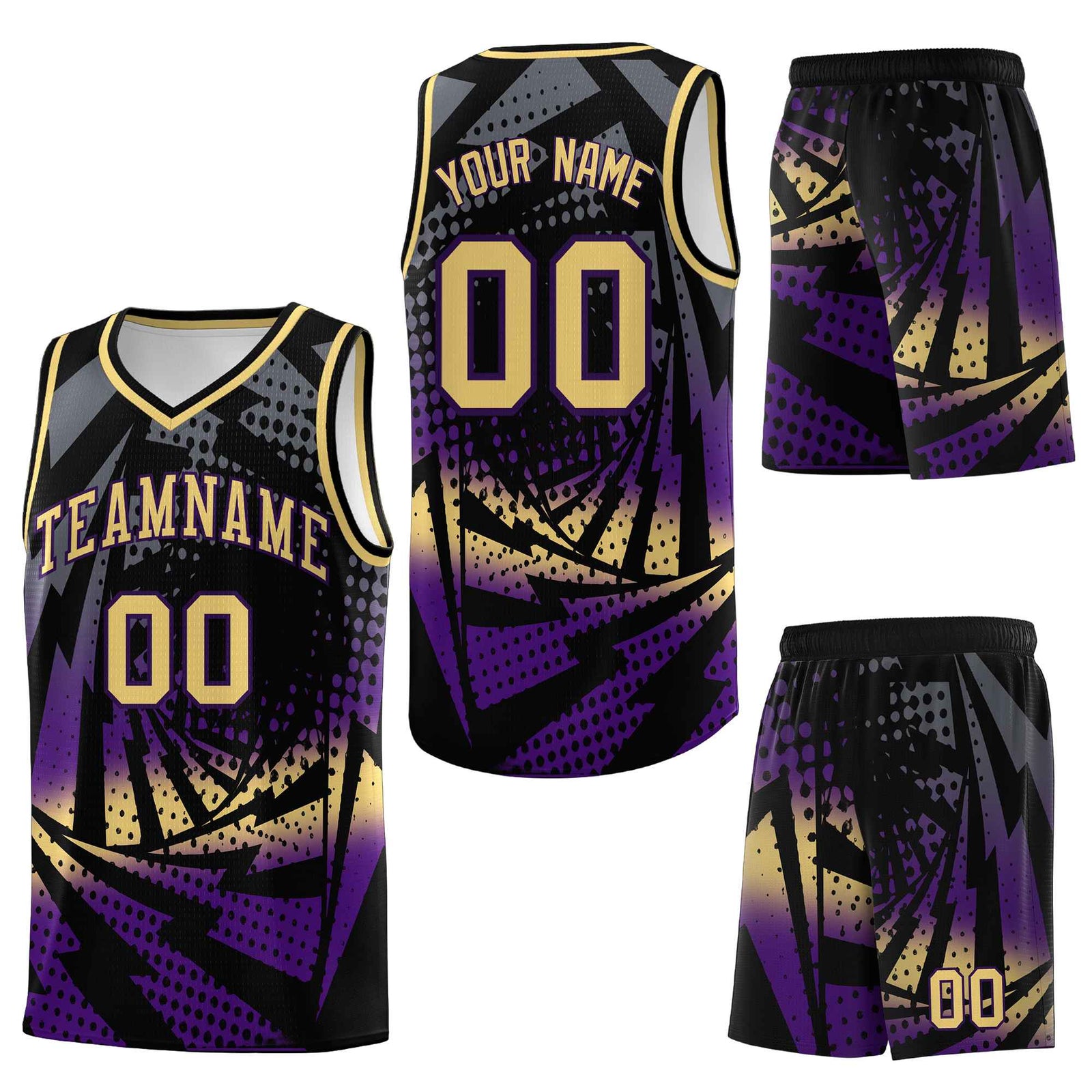 Custom Black Purple Lightning Halftone Dot Design Wrinkle-Resistant Uniform Basketball Jersey