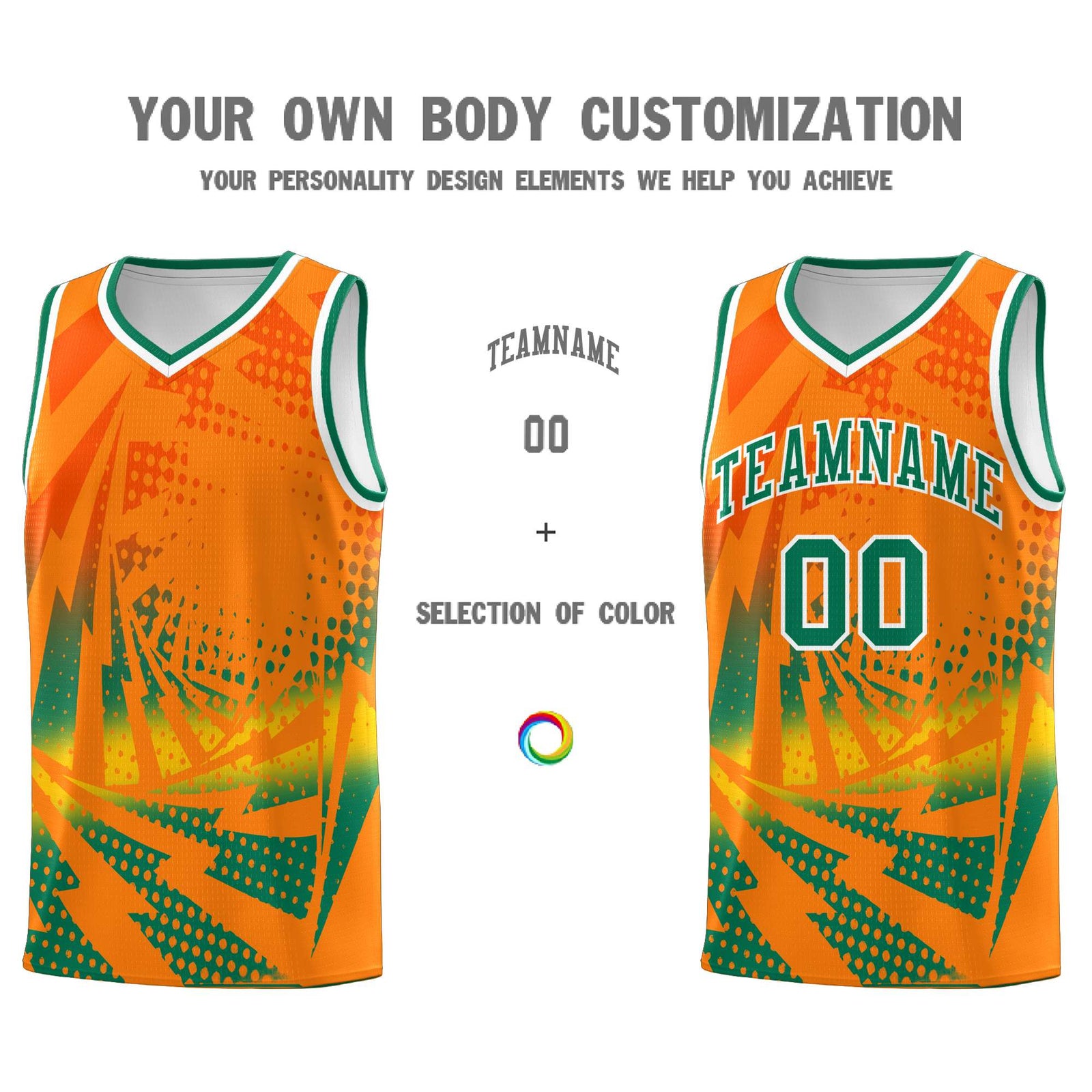 Custom Youth Basketball Jerseys Orange Kelly Green Lightning Design Halftone Personalized Uniforms