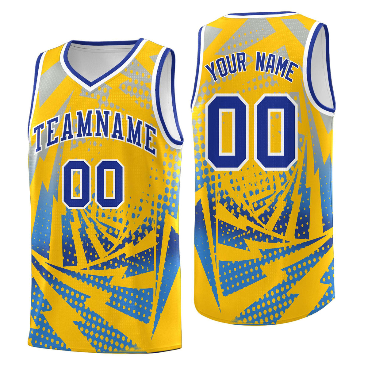 Custom Youth Basketball Jerseys Gold Powder Blue Lightning Halftone Personalized Team Uniforms