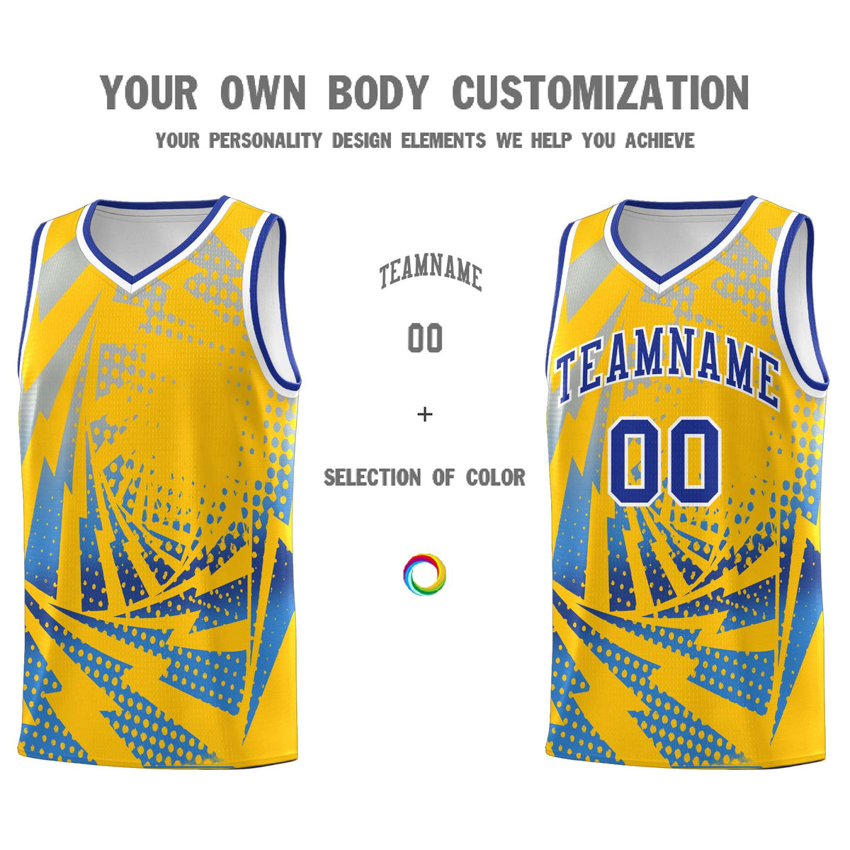 Custom Youth Basketball Jerseys Gold Powder Blue Lightning Halftone Personalized Team Uniforms