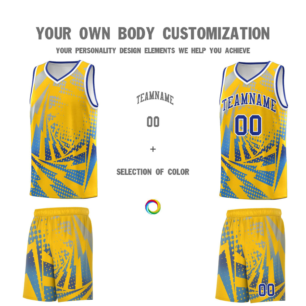 Custom Youth Basketball Jerseys Gold Powder Blue Lightning Halftone Personalized Team Uniforms