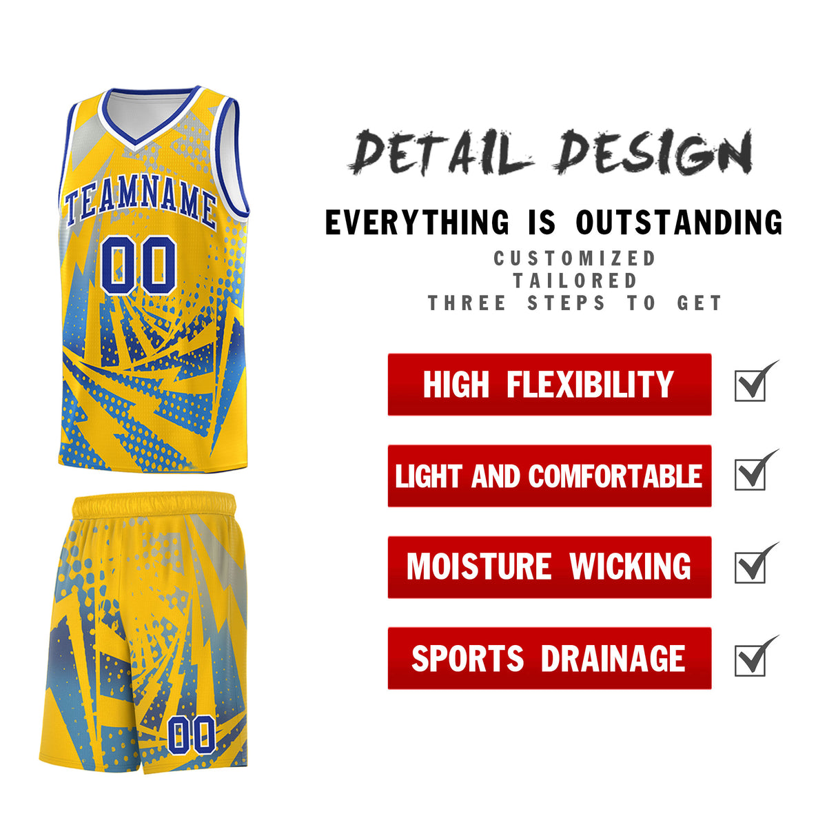 Custom Youth Basketball Jerseys Gold Powder Blue Lightning Halftone Personalized Team Uniforms
