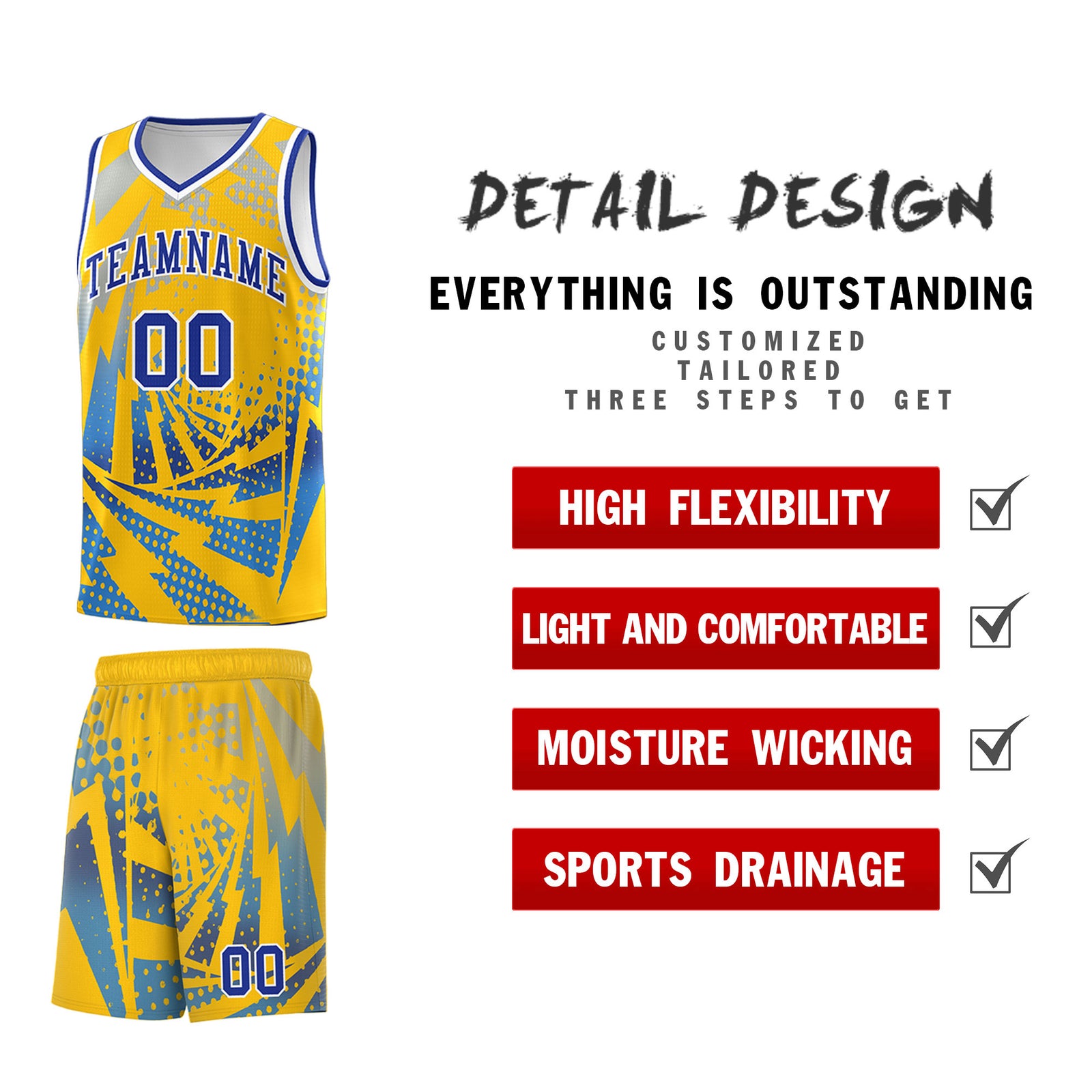 Custom Youth Basketball Jerseys Gold Powder Blue Lightning Halftone Personalized Team Uniforms