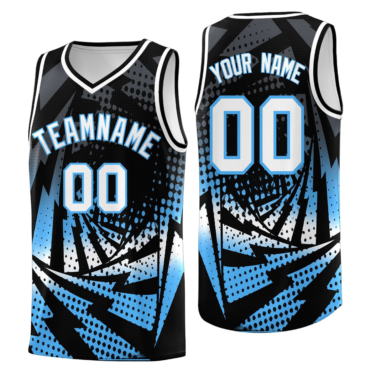 Custom Youth Basketball Jerseys Black Powder Blue Lightning Design Halftone Personalized Uniforms