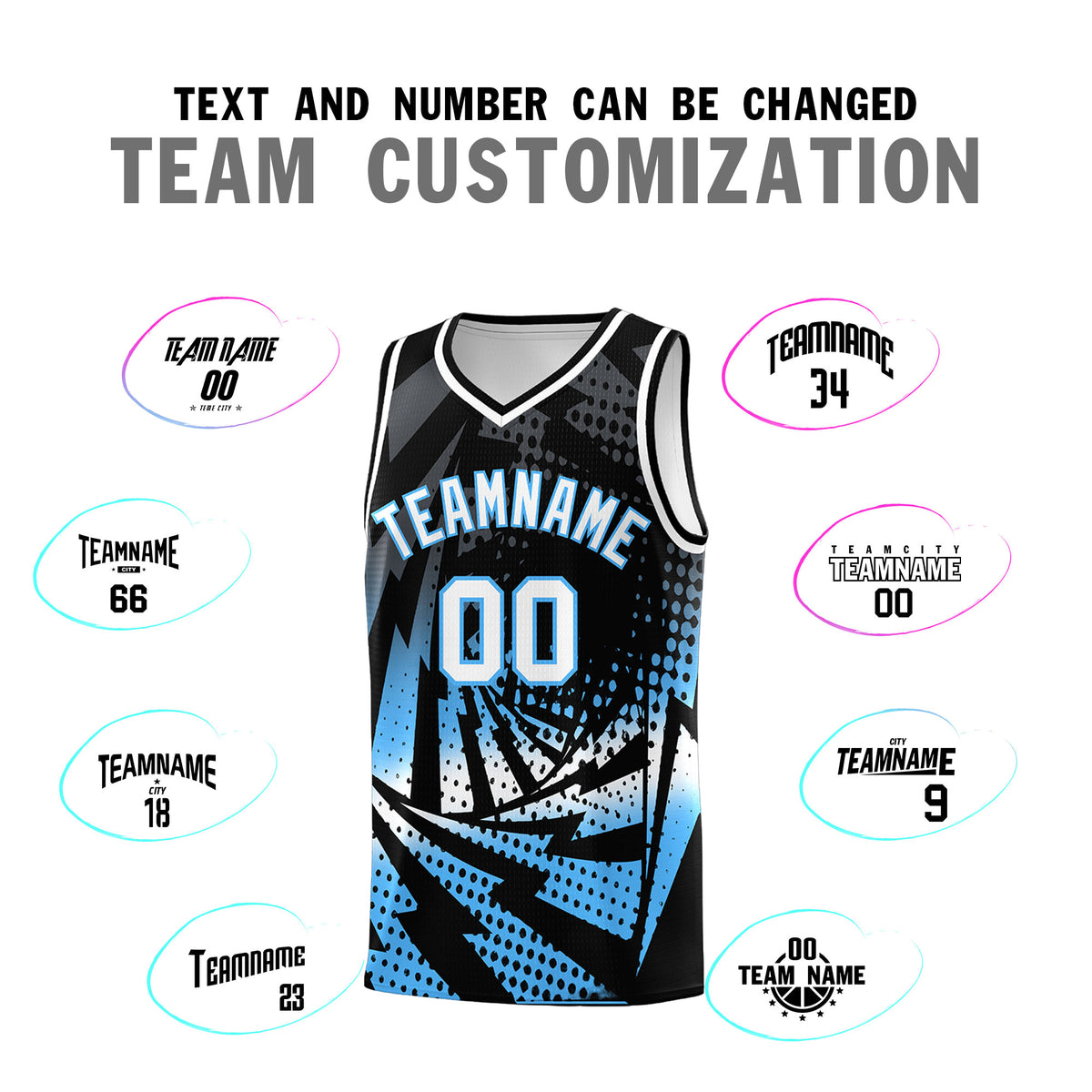 Custom Youth Basketball Jerseys Black Powder Blue Lightning Design Halftone Personalized Uniforms