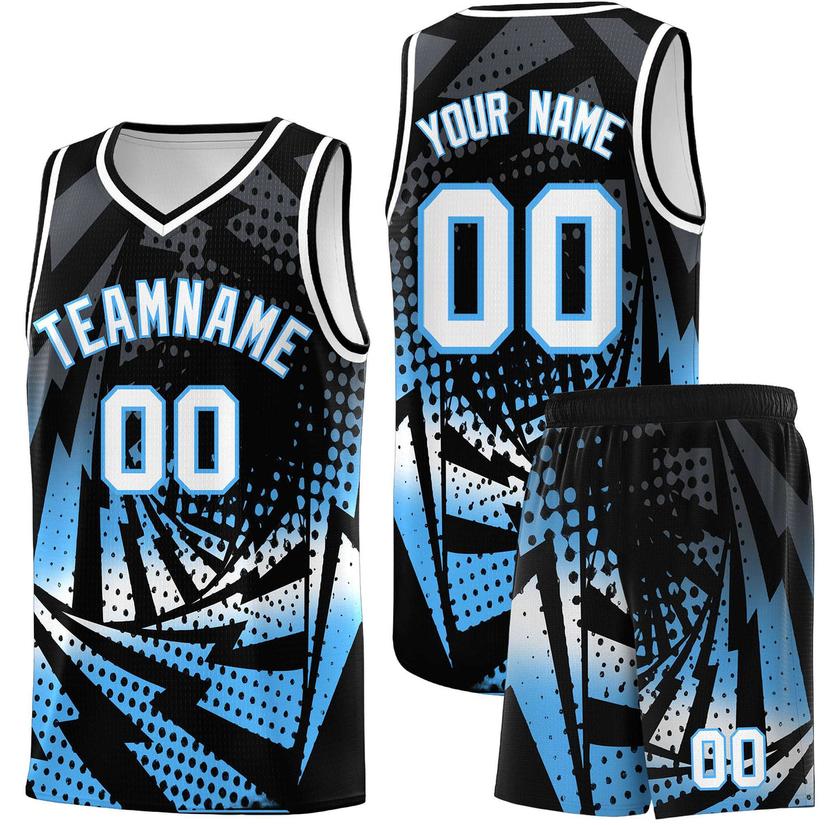 Custom Youth Basketball Jerseys Black Powder Blue Lightning Design Halftone Personalized Uniforms