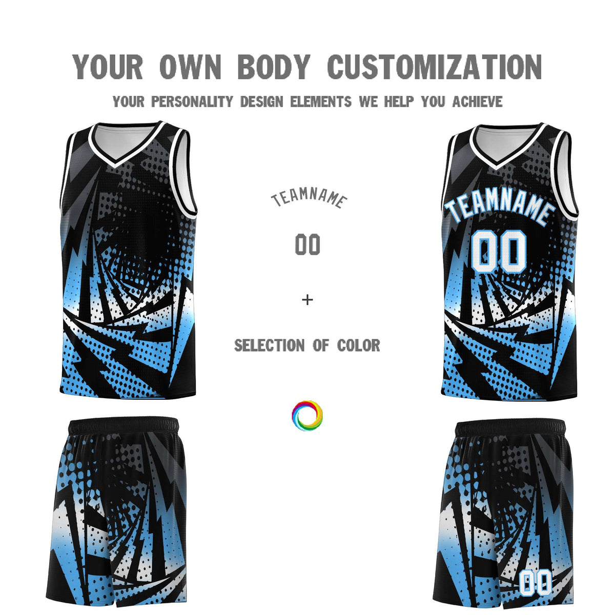 Custom Youth Basketball Jerseys Black Powder Blue Lightning Design Halftone Personalized Uniforms