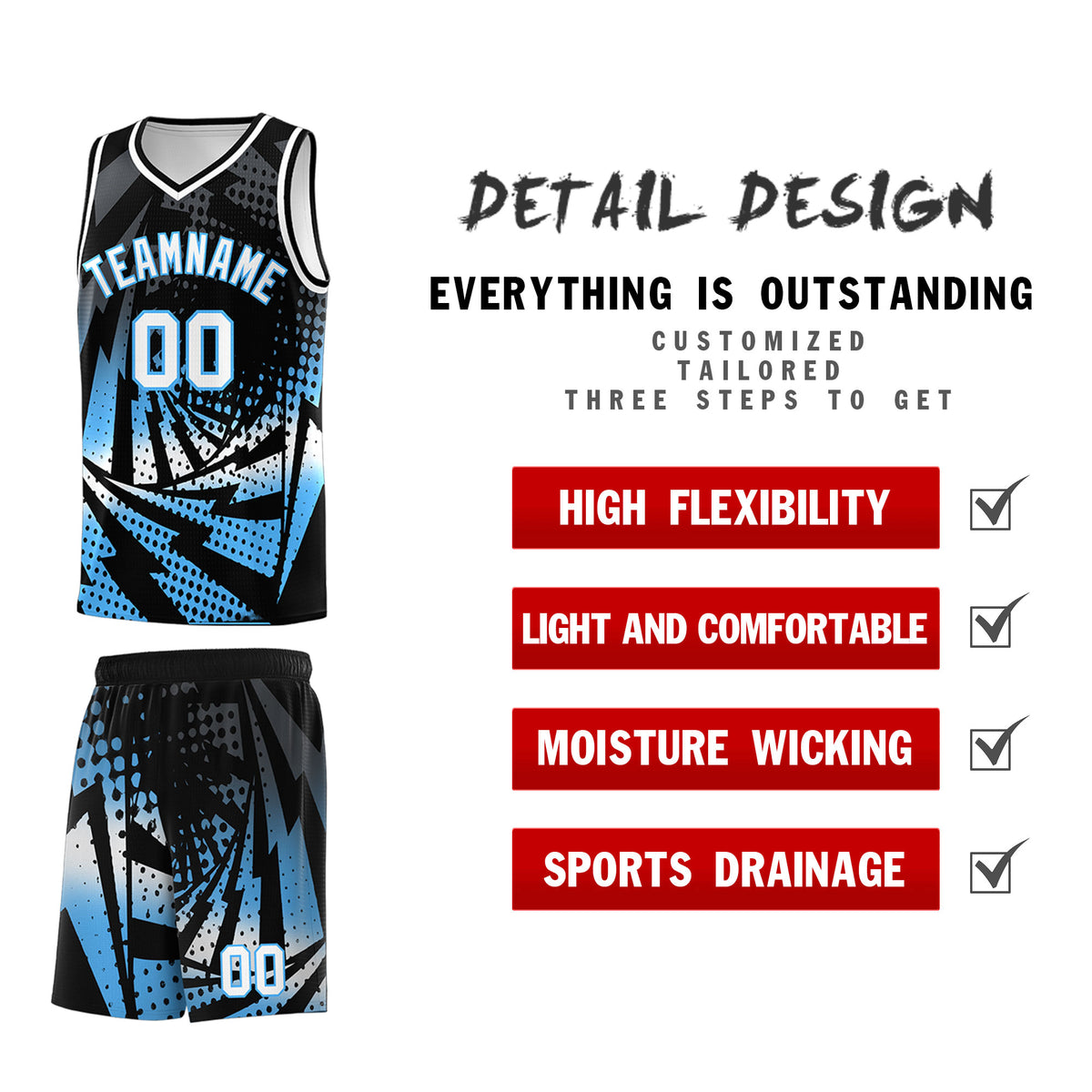 Custom Youth Basketball Jerseys Black Powder Blue Lightning Design Halftone Personalized Uniforms