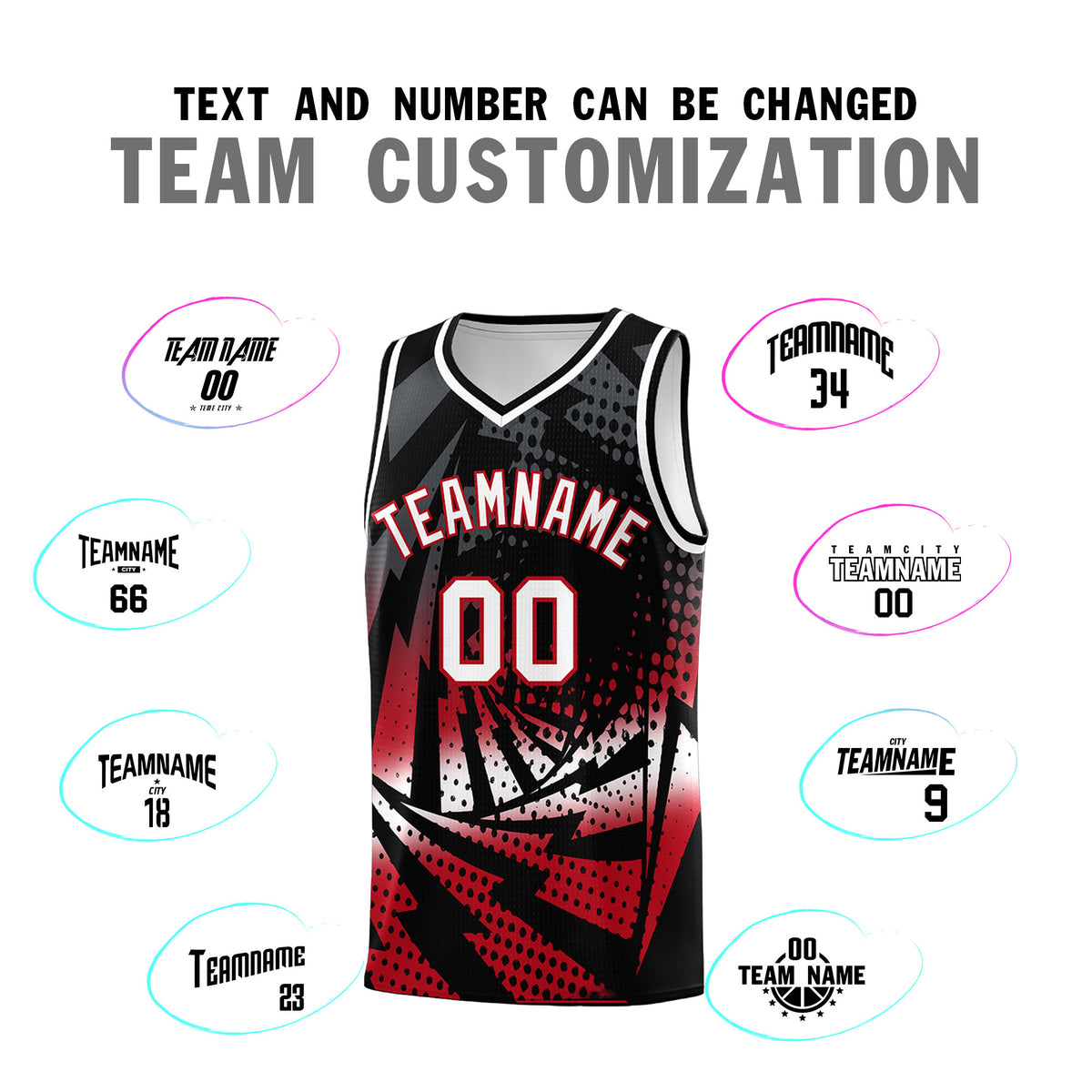 Custom Youth Basketball Jerseys Black Red Lightning Halftone Personalized Team Uniforms