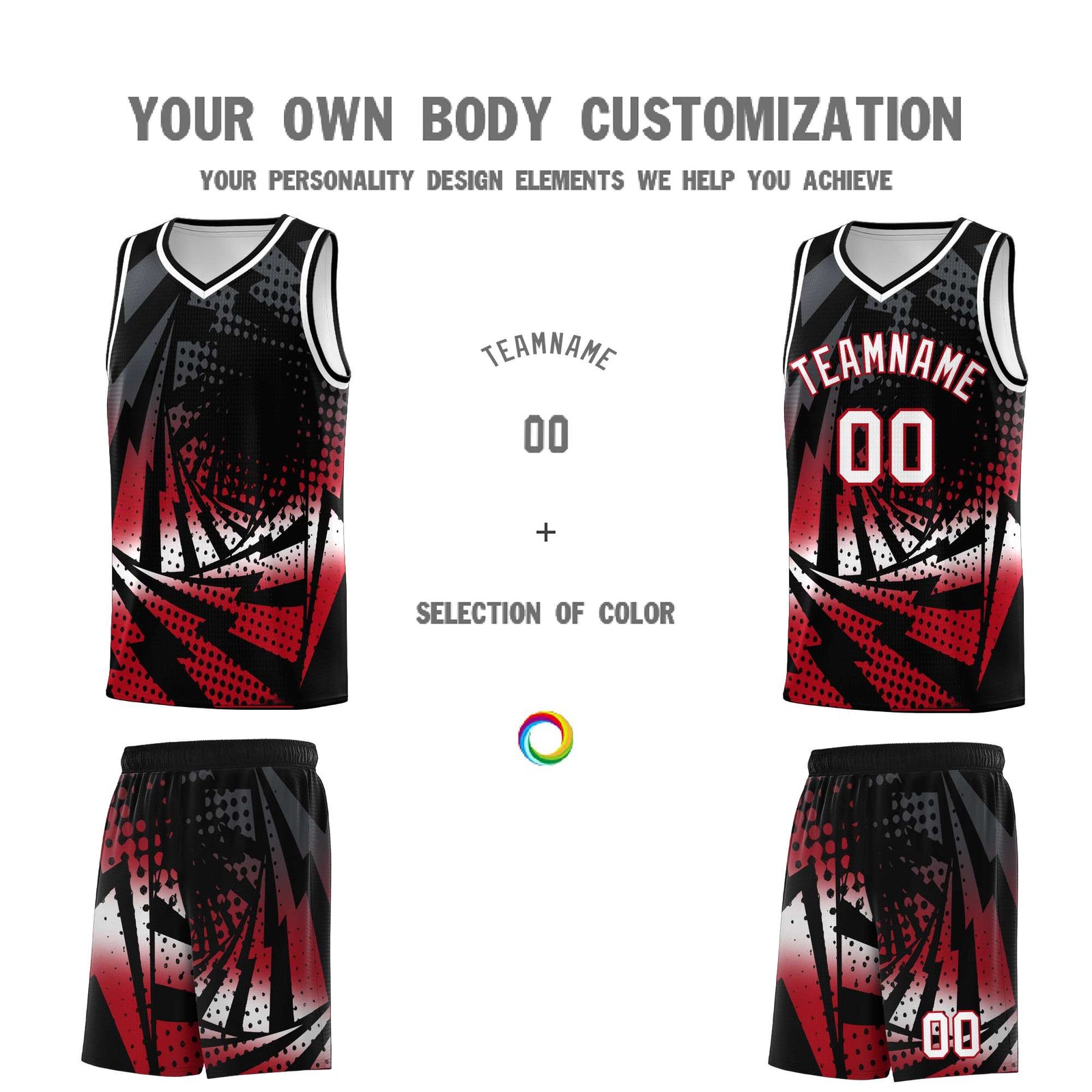 Custom Youth Basketball Jerseys Black Red Lightning Halftone Personalized Team Uniforms