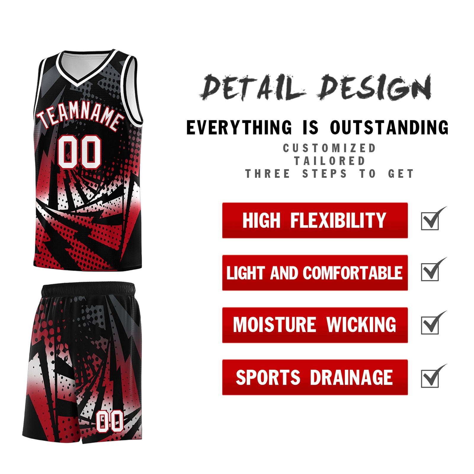 Custom Youth Basketball Jerseys Black Red Lightning Halftone Personalized Team Uniforms