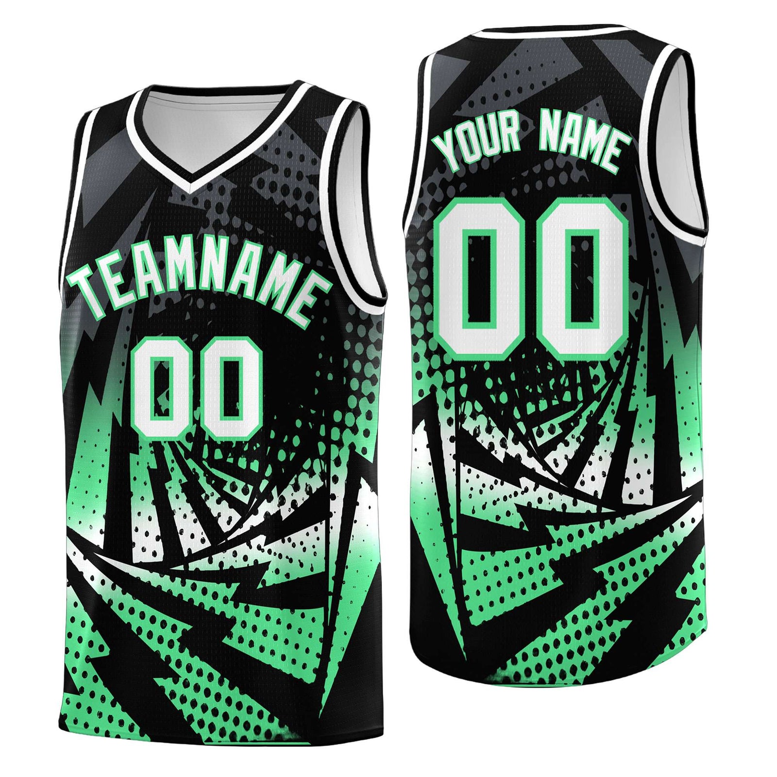 Custom Youth Basketball Jerseys Black Green Lightning Design Halftone Personalized Uniforms