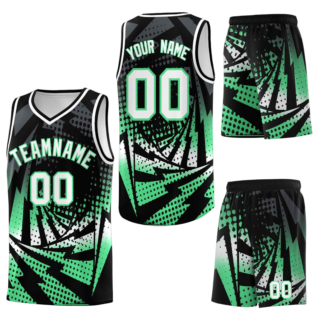 Custom Black Green Lightning Halftone Dot Design Lightweight Uniform Basketball Jersey