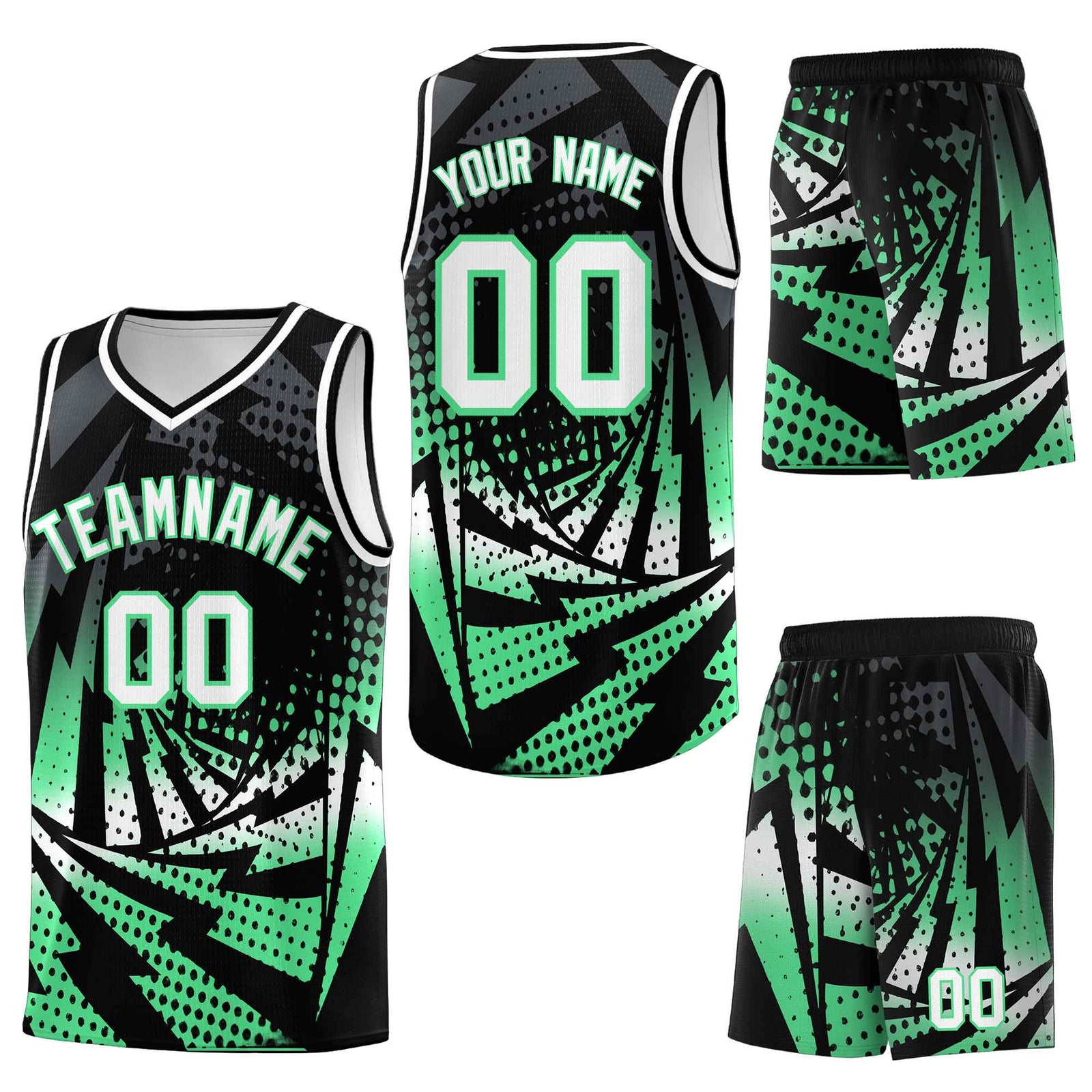 Custom Black Green Lightning Halftone Dot Design Lightweight Uniform Basketball Jersey