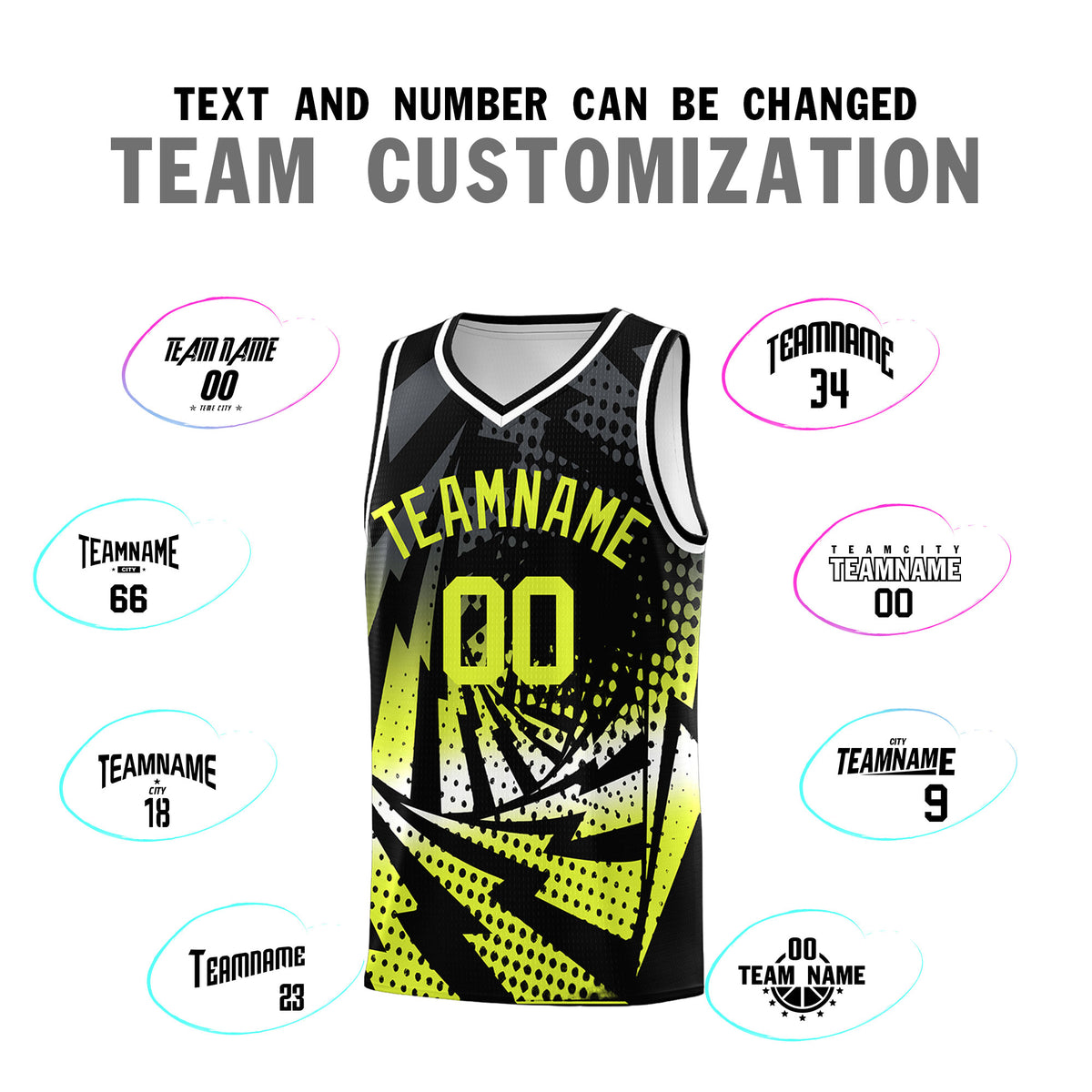Custom Youth Basketball Jerseys Black Fluorescent Green Lightning Halftone Personalized Team Uniforms