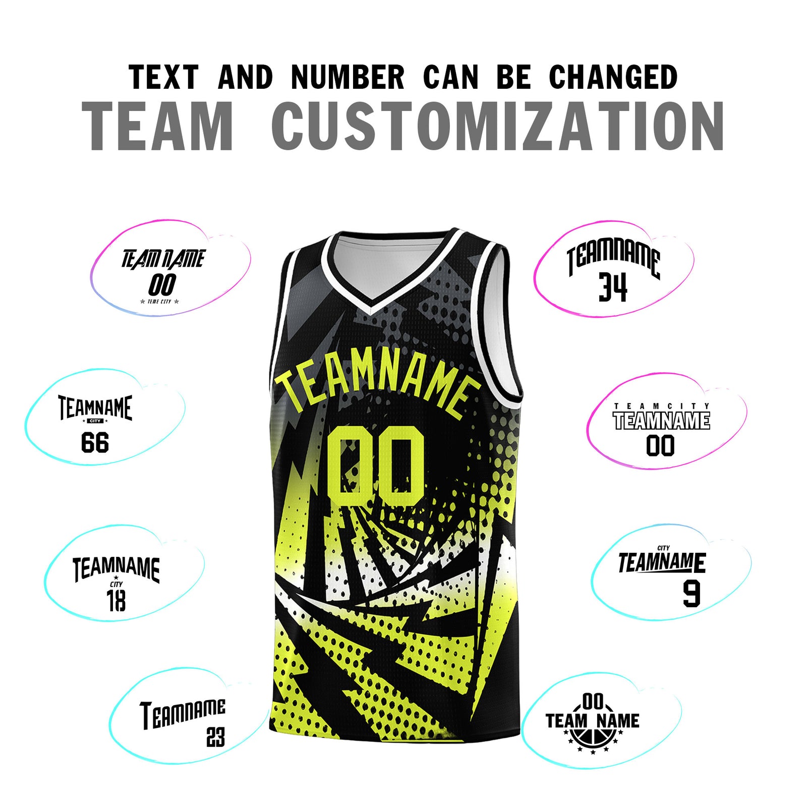 Custom Youth Basketball Jerseys Black Fluorescent Green Lightning Halftone Personalized Team Uniforms