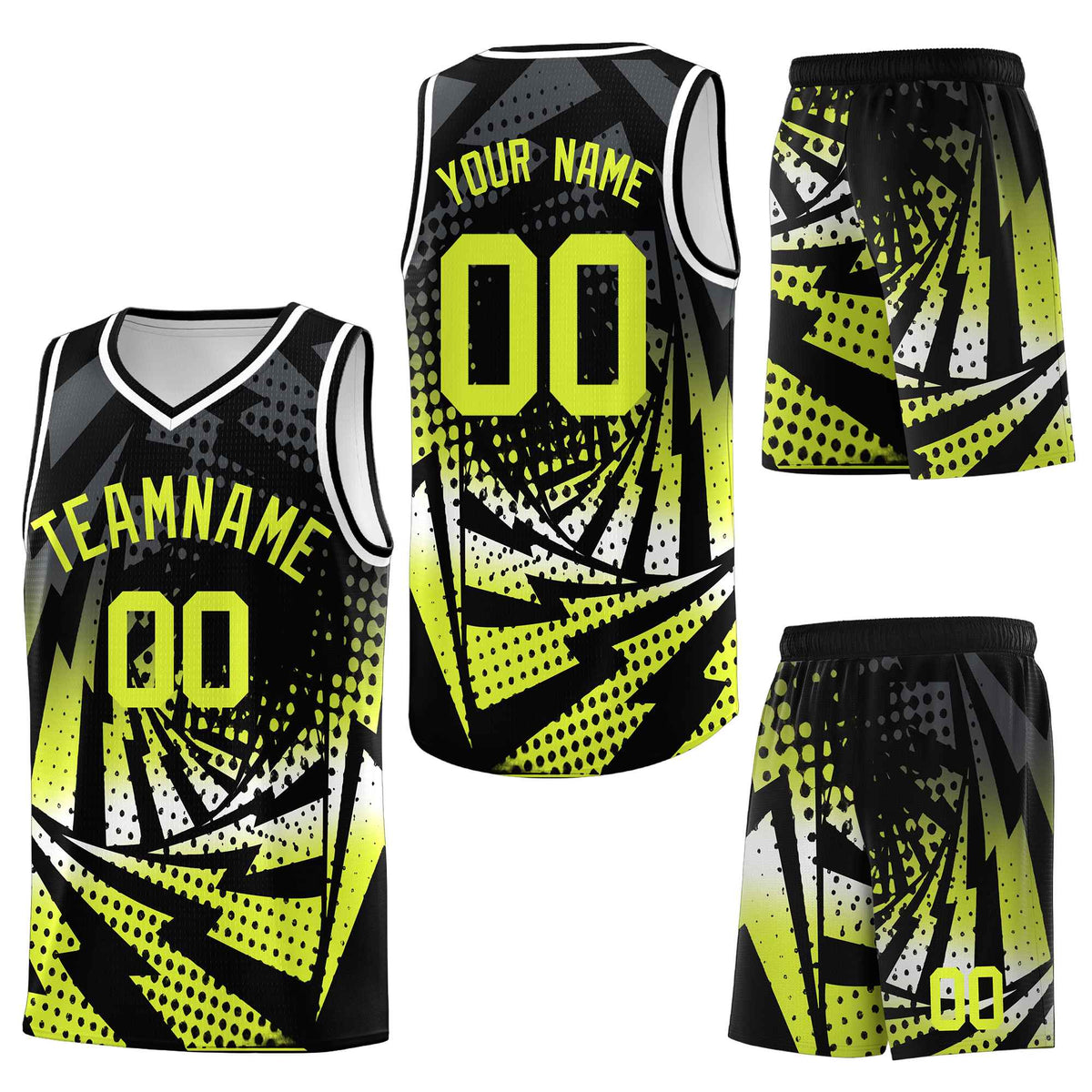 Custom Black Fluorescent Green Lightning Halftone Dot Design Wrinkle-Resistant Uniform Basketball Jersey